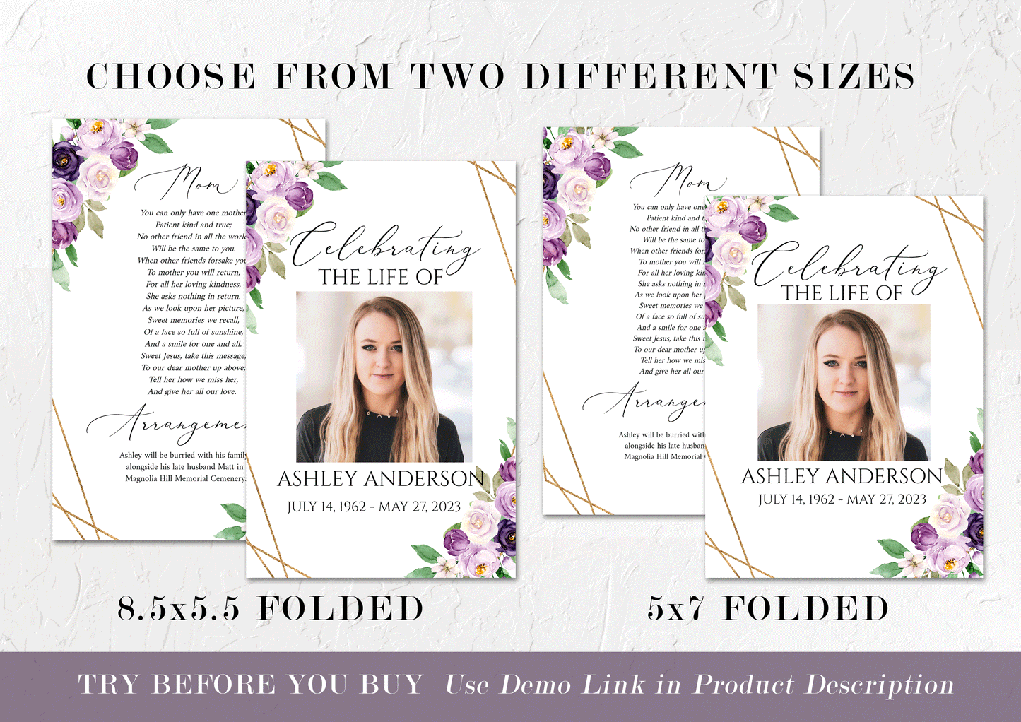 Celebration of life 8 Page Purple Floral Funeral Invitation Template P1