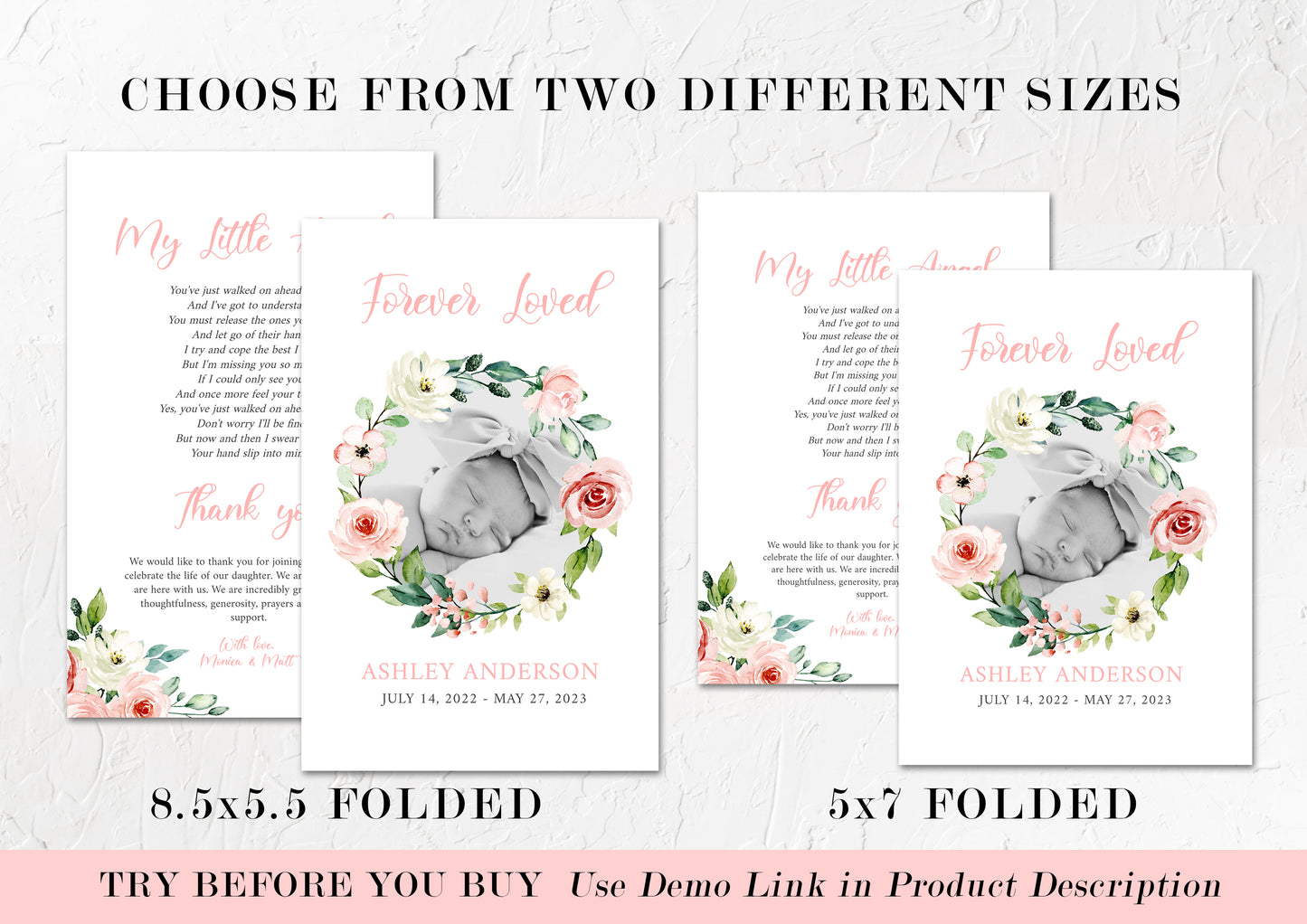 Forever Loved Child Baby Girl Blush Pink Roses Greenery Funeral Program Template, Child Funeral, Girl Funeral Program, Baby Memorial Program Funeral for baby