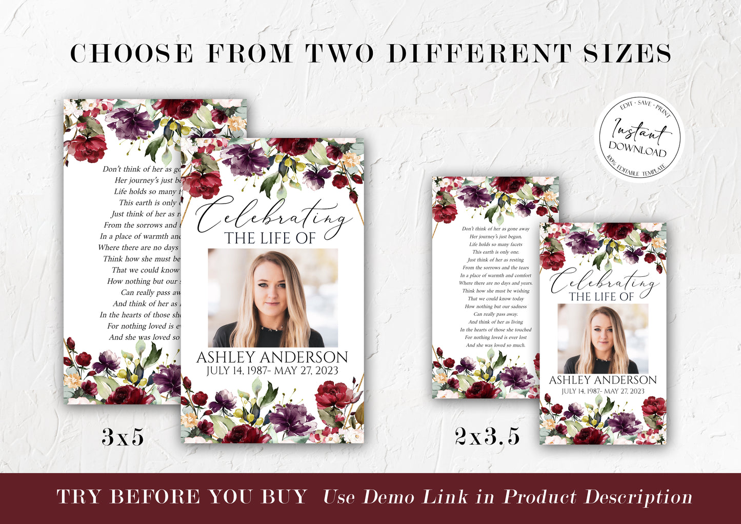 Celebration Of Life Red Roses Funeral Prayer Card Template R1