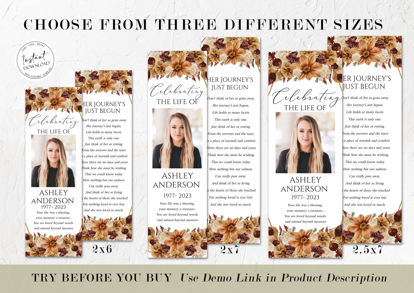 Celebration of Life Orange Brown Dried Leaves Fall Funeral Bookmark Template, Autumn Funeral Keepsake Cards, Dried Leaves Memorial Bookmark