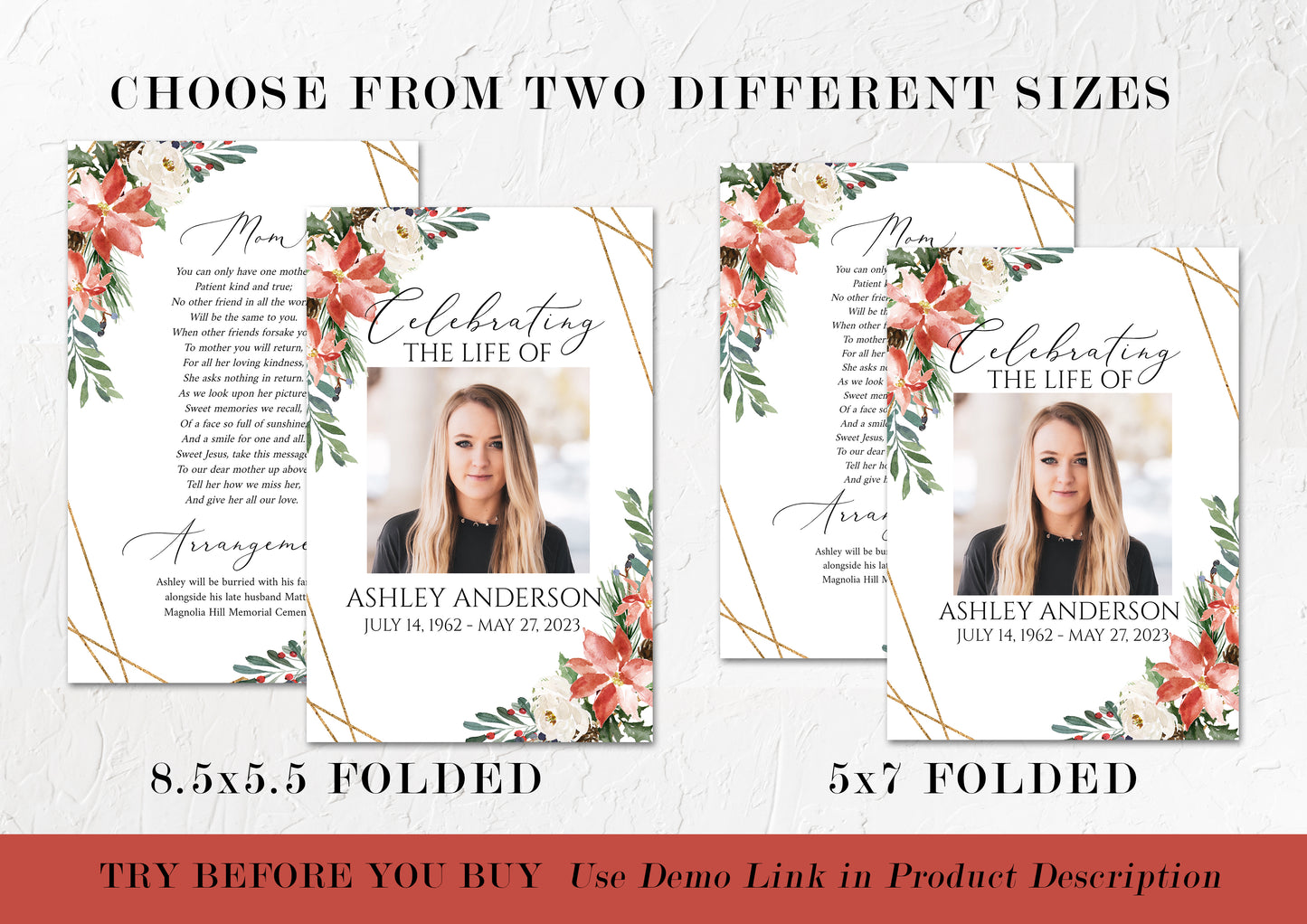 11X17 Celebration of Life Christmas Winter Red Greenery Funeral Program Template , Winter Memorial Program, Winter Red Greenery Obituary Program