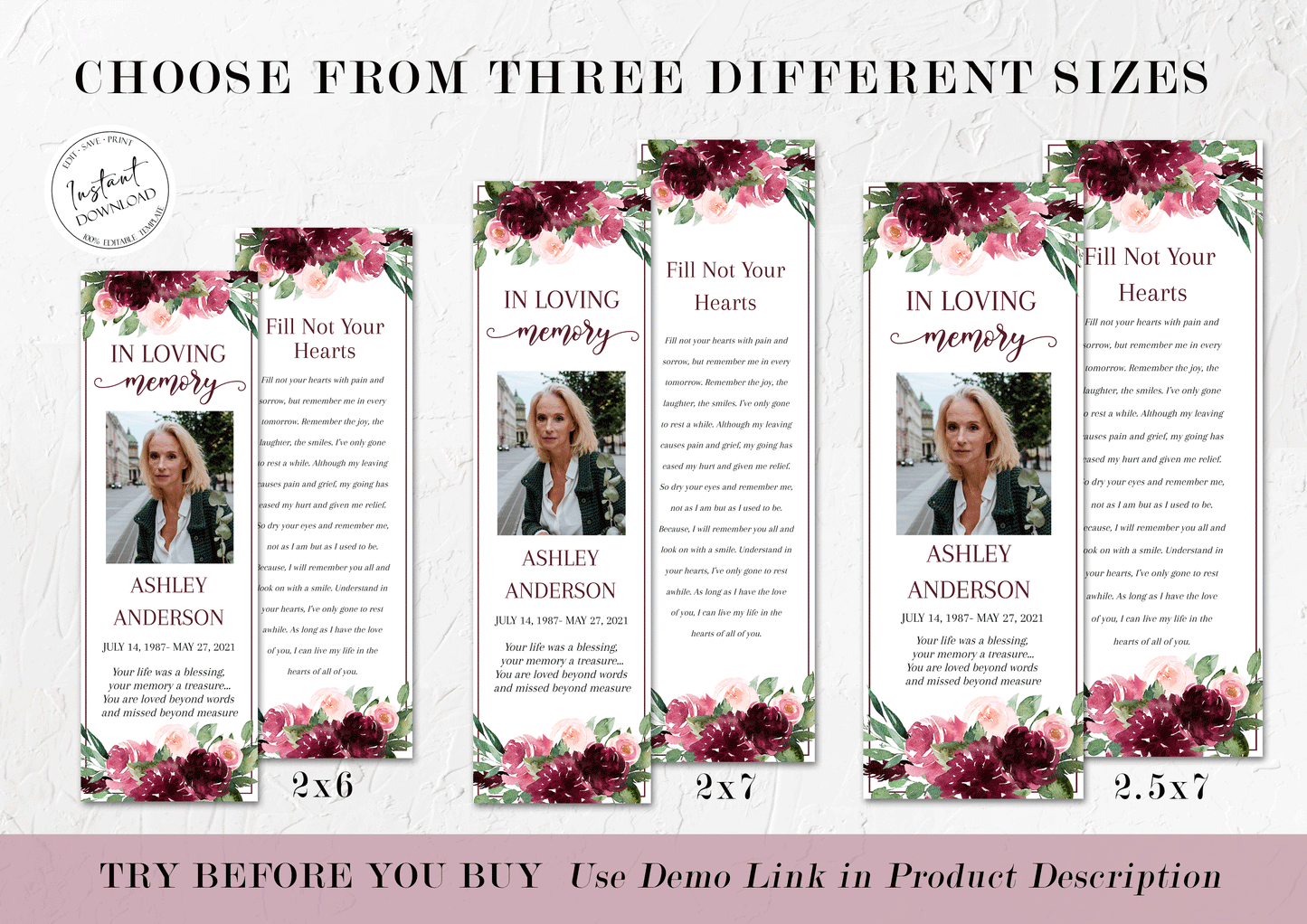 Red Floral Funeral Bookmark Template, Celebration of Life Bookmark, Funeral Keepsake Cards, Burgundy Memorial Bookmark, Obituary Bookmark R3