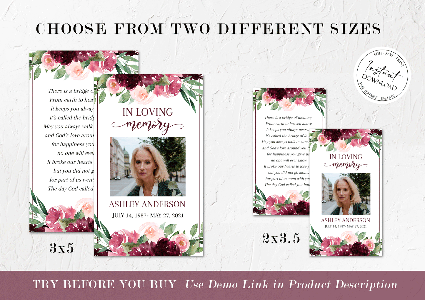 Celebration of life Burgundy Red Roses Funeral Prayer Card Template R3