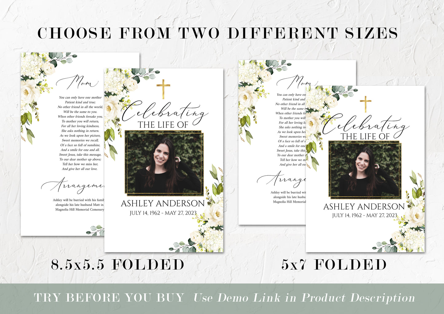 Celebration of Life White Greenery Floral Gold Cross Funeral Program Template, White Greenery Funeral Memorial Program, Printable Gold Cross Funeral Program for woman