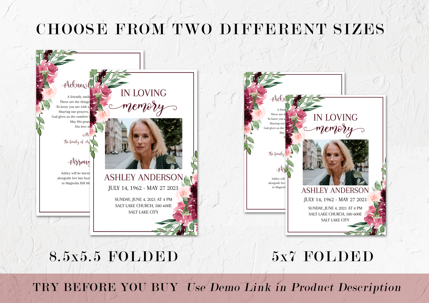 Celebration of life Burgundy Funeral Program Template, Red Roses Funeral Program Template, Red Floral Memorial Program, Obituary Program R3