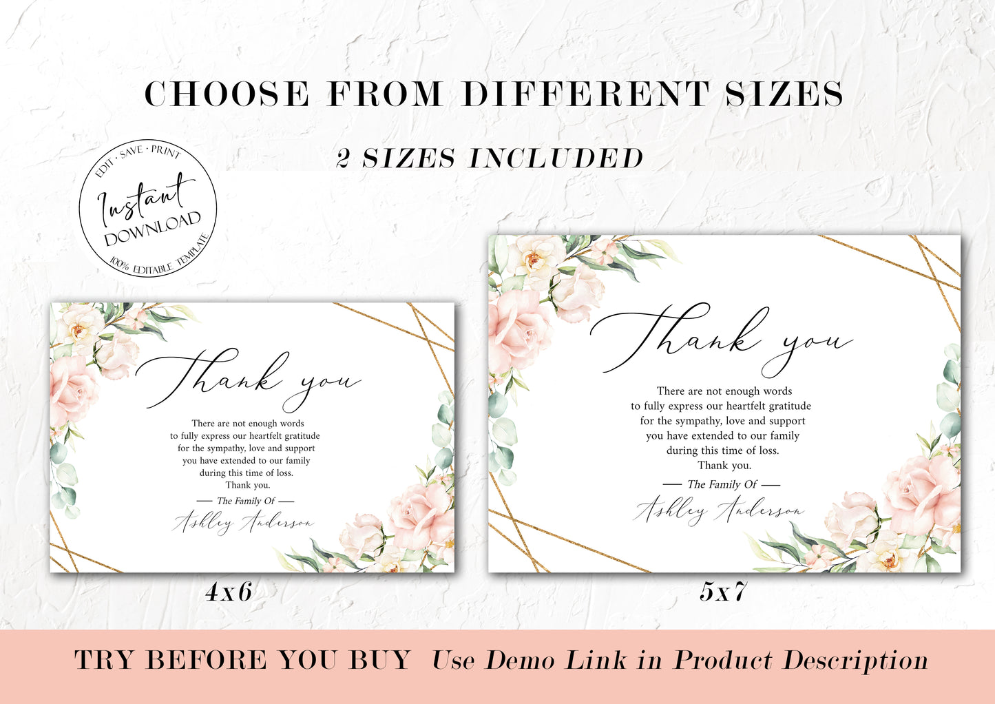 Blush Pink Funeral Thank You Card Template, Celebration of life Printable Pink Roses Greenery Funeral Photo Thank You Cards Sympathy Card P4