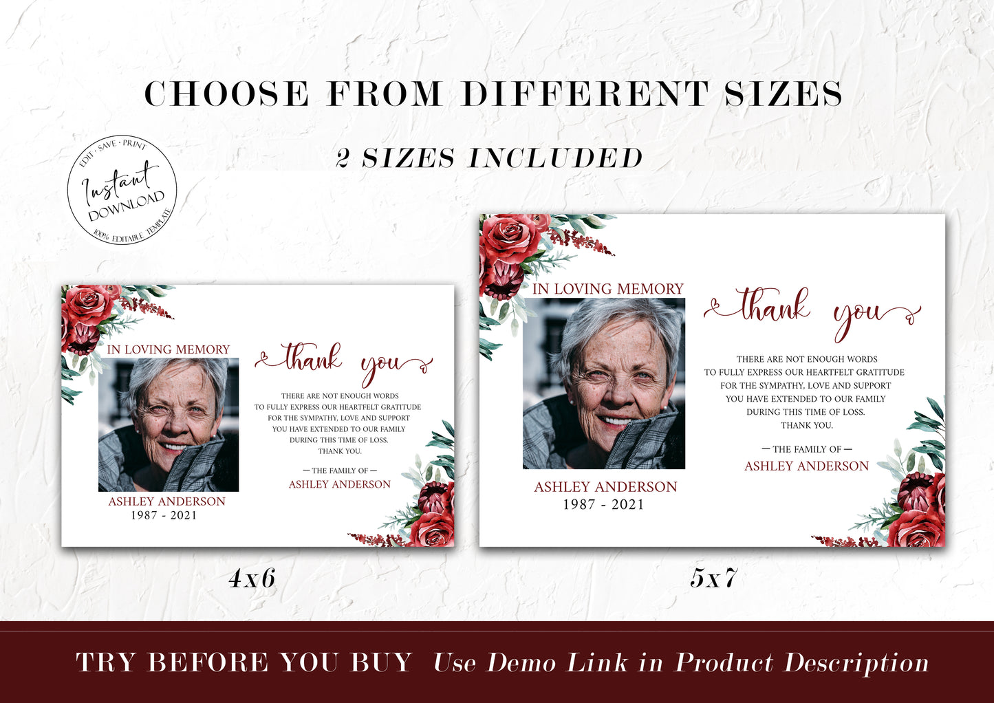 Burgundy Funeral Photo Thank You Cards, Memorial Card, Celebration of life, Printable Red Roses Funeral Photo Thank You Card, Red Sympathy Card P2