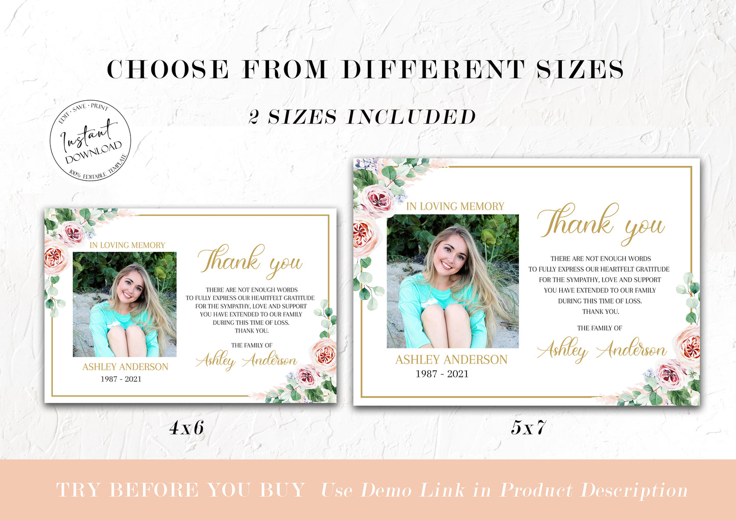 Pink Roses Funeral Thank You Cards, Celebration of life Funeral Photo Thank You Card, Memorial Thank You Cards, Editable Sympathy Card P4