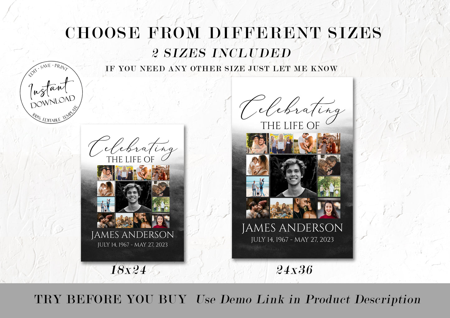 Set of 3 Funeral Posters Celebration Of Life Back Watercolor Photo Collage Funeral Welcome Sign Set Templates, Photo Memorial Sign, Funeral Poster Photo Display Set B6