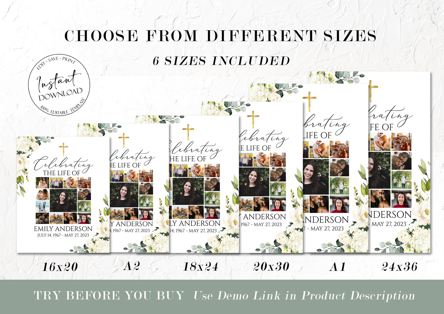 Celebration Of Life White Greenery Floral Gold Cross Photo Collage Funeral Welcome Sign Template Editable White Greenery Collage Funeral Poster, Cross Photo Memorial Sign