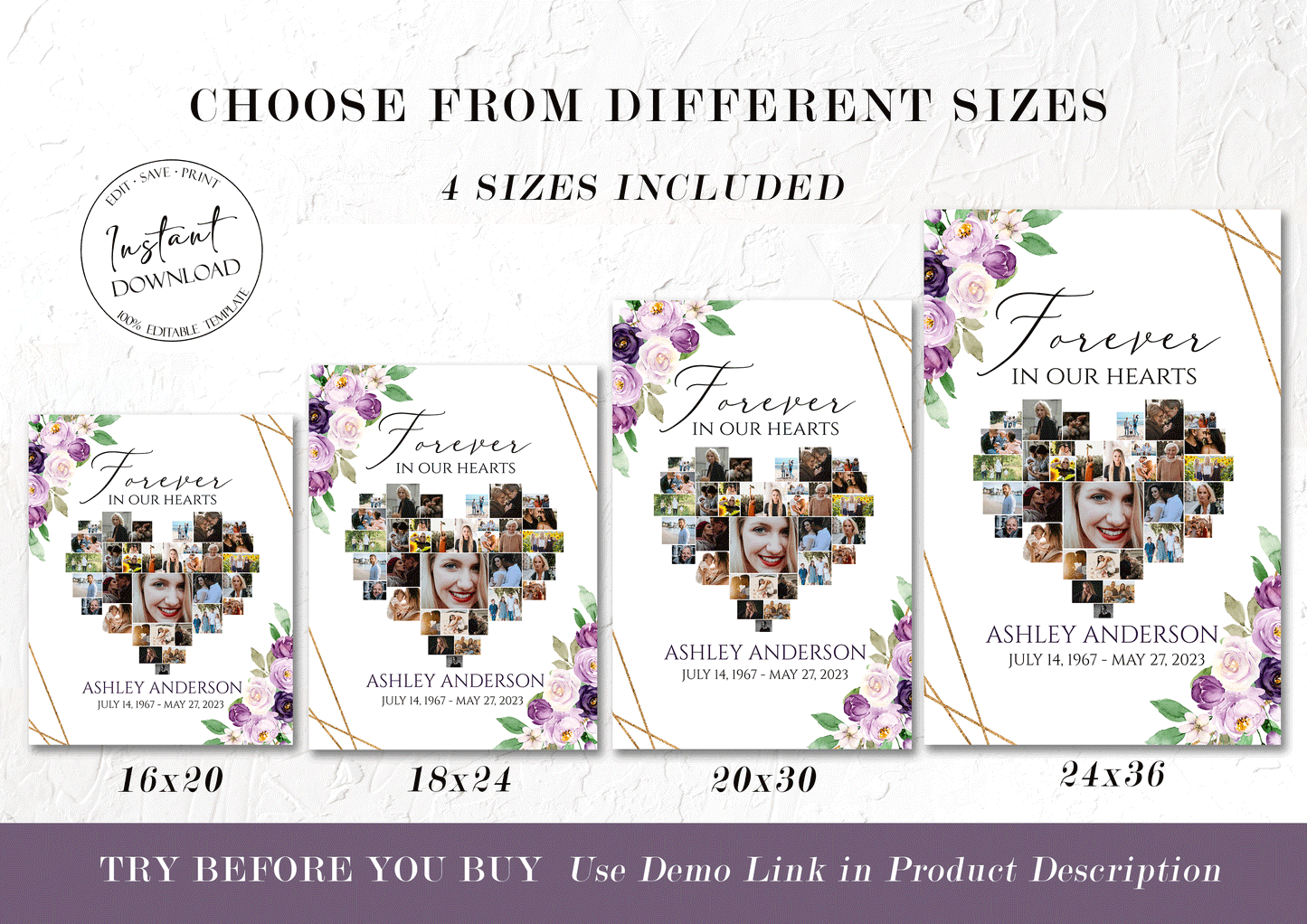 Celebration Of Life Heart Funeral Welcome Sign Editable Purple Floral Hearts Memorial Photo Collage Poster Forever in our Hearts Memory Sign p1