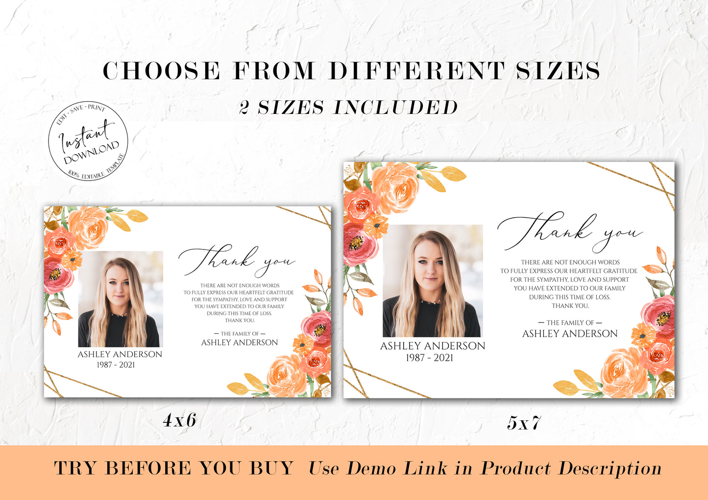 Celebration of life Orange Floral Gold Fall Funeral Photo Thank you Card Template F2