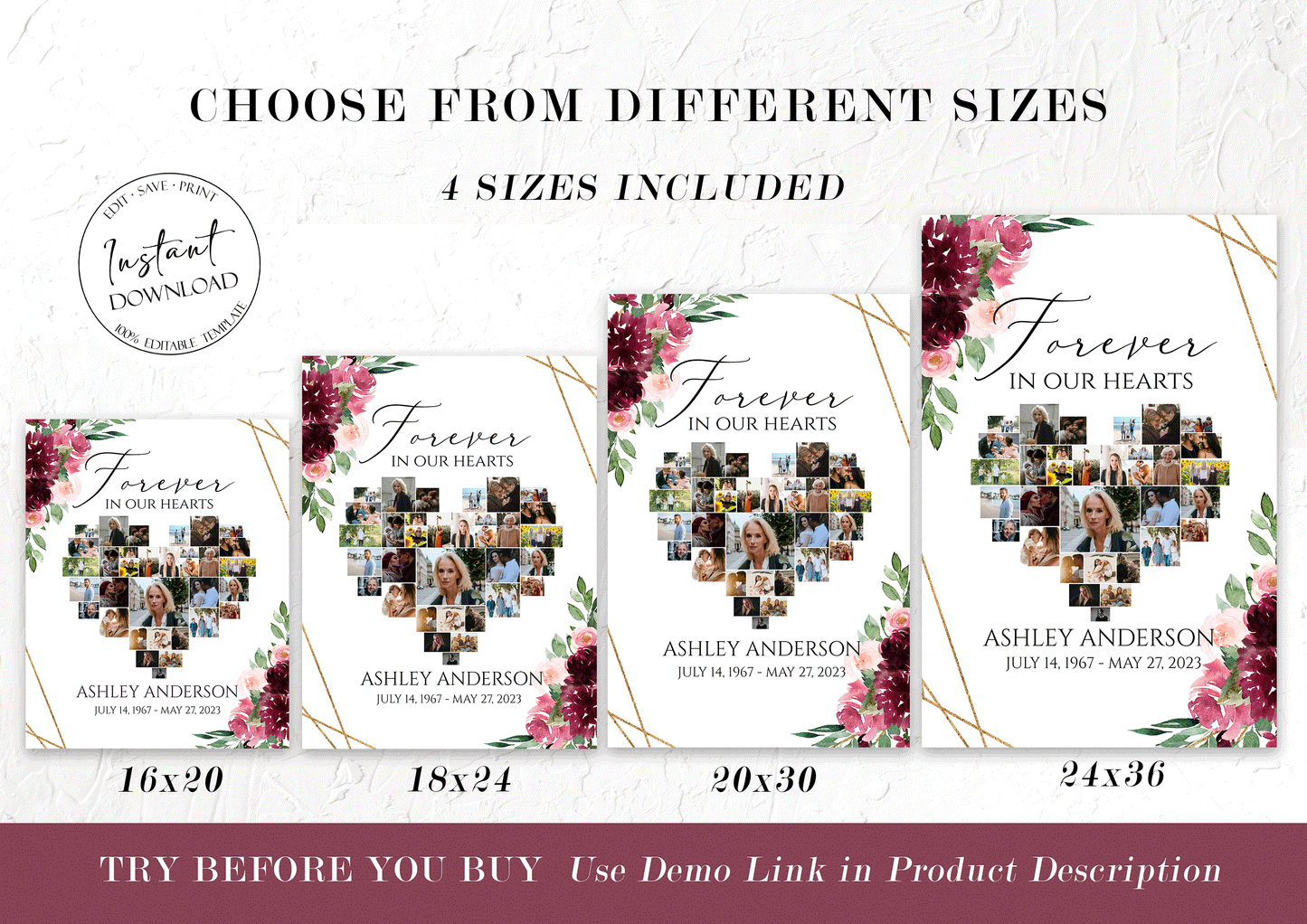 Celebration Of Life Red Roses Heart Funeral Welcome Sign, Editable Hearts Memorial Photo Collage Poster, Forever in our Heart Memory Sign R3