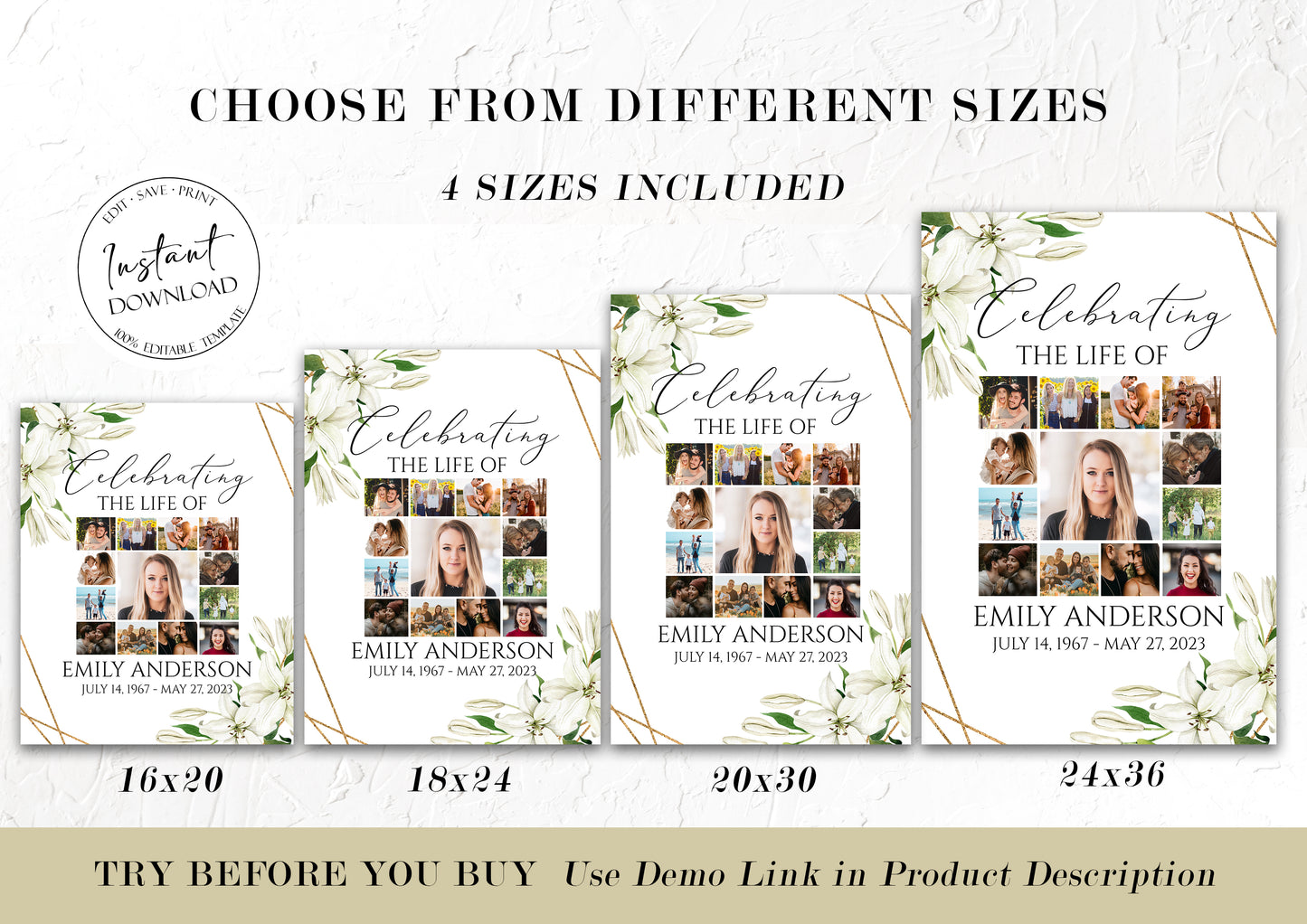 Celebration Of Life White Lilies Greenery Gold Photo Collage Funeral Welcome Sign Template, White Lilies Photo Collage Funeral Poster, Collage Memorial Service Sign