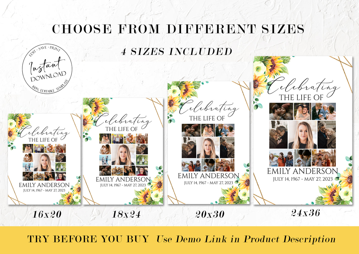 Celebration Of Life Sunflower Photo Collage Funeral Welcome Sign Template, Sunflower Photo Collage Funeral Poster, Sunflower Photo Collage Memorial Service Sign
