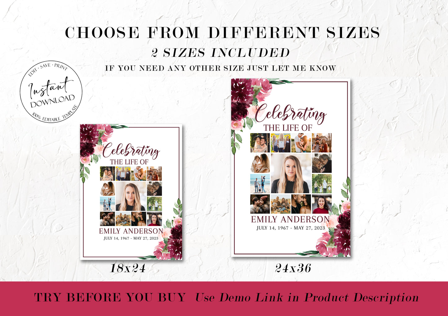 Celebration Of Life Burgundy Red Roses Photo Collage Funeral Welcome Sign Set Templates, Memorial Sign, Burgundy Red Roses Funeral Poster Photo Display Set