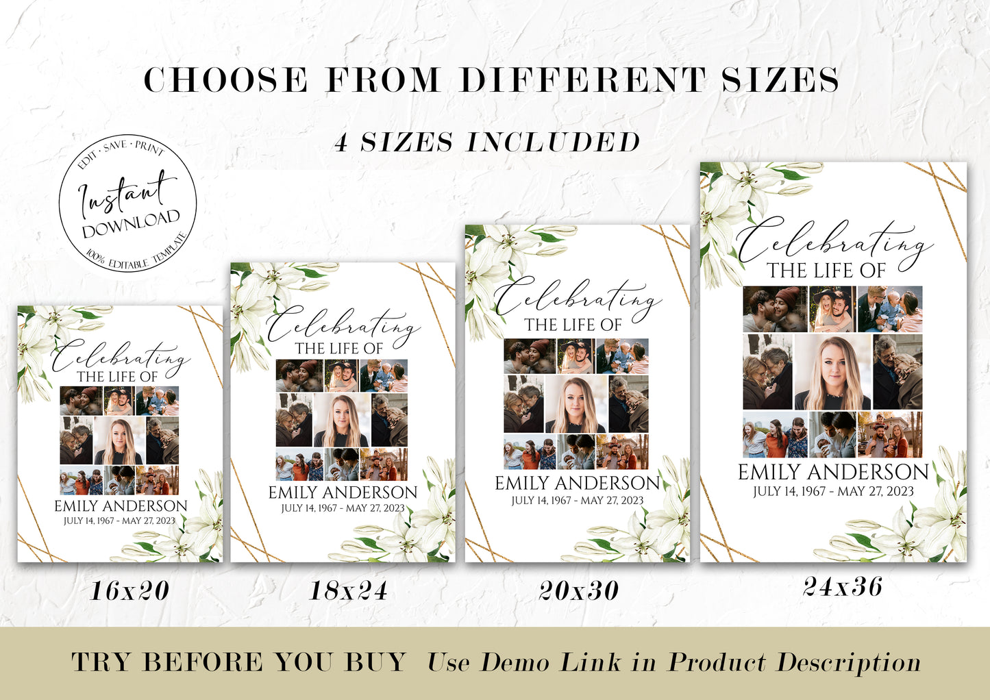 Celebration Of Life White Lilies Greenery Gold Photo Collage Funeral Welcome Sign Template, Editable White Lilies Photo Collage Funeral Poster, Photo Memorial Sign