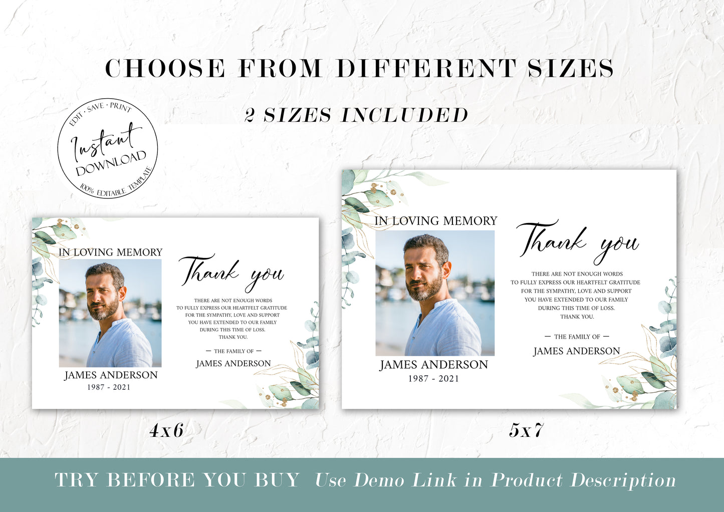 Celebration of life Watercolor Greenery Gold Funeral Photo Thank You Card Template Greenery Memorial Thank you, Printable Thank You Cards, Sympathy Card, Condolence Thank You Card G1