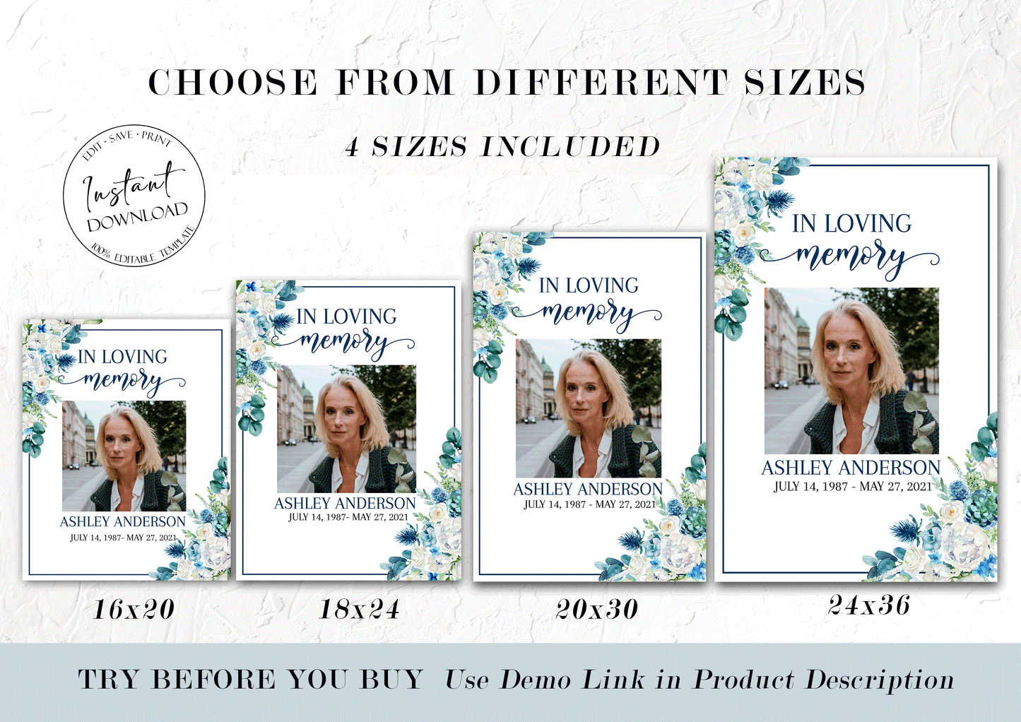 In Loving Memory Blue White Floral Funeral Welcome Sign Template Celebration Of Life Poster, Blue Funeral Poster Template, Memorial Sign, Editable Funeral Sign B1