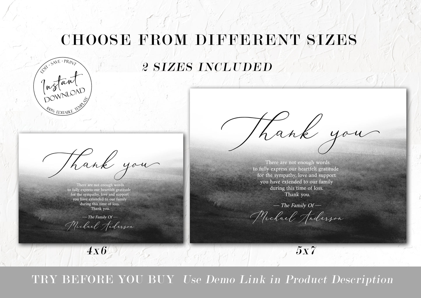 Celebration of life Black Watercolor Funeral Thank You Card Template, Black Memorial Card, Printable Black Funeral Thank You Card Template, Black Sympathy Card