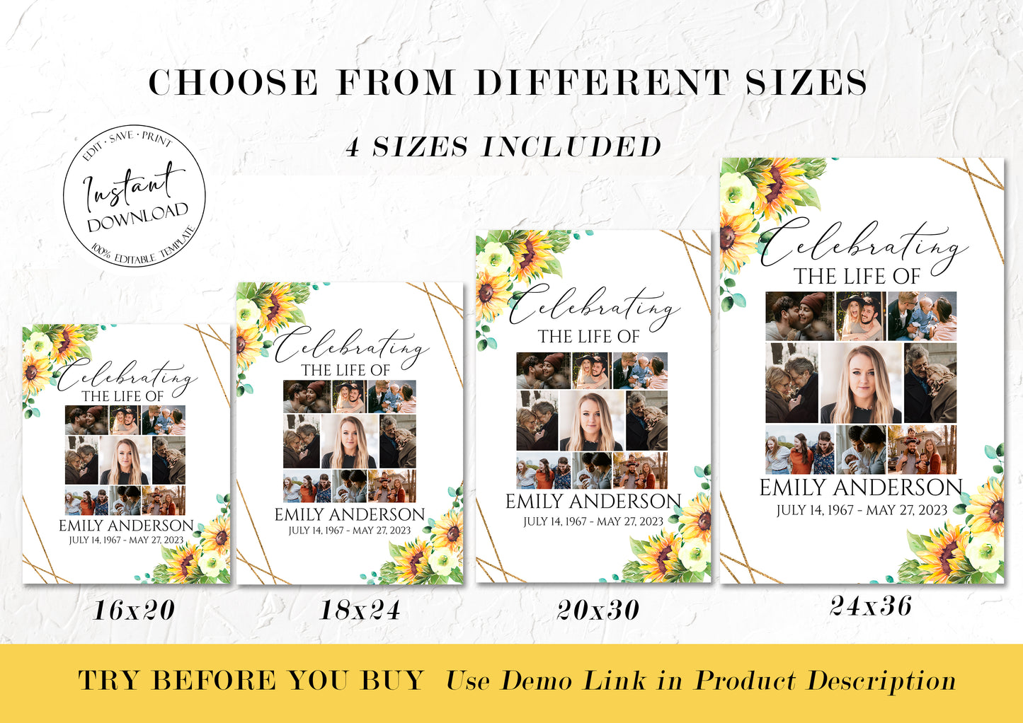 Celebration Of Life Sunflower Photo Collage Funeral Welcome Sign Template, Sunflower Photo Collage Funeral Poster, Sunflower Photo Collage Memorial Service Sign