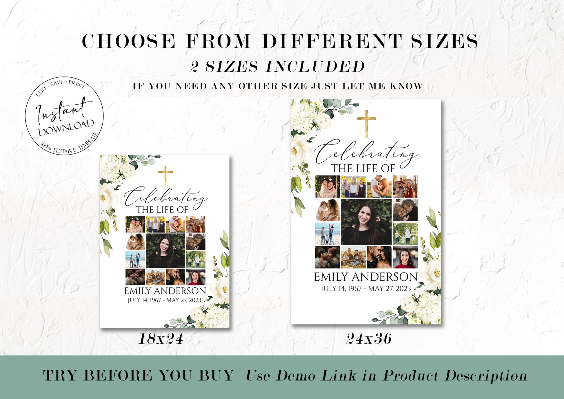 Celebration Of Life White Greenery Floral Gold Cross Photo Collage Funeral Welcome Sign Templates, White Greenery Photo Memorial Sign Funeral Poster Photo Display Set