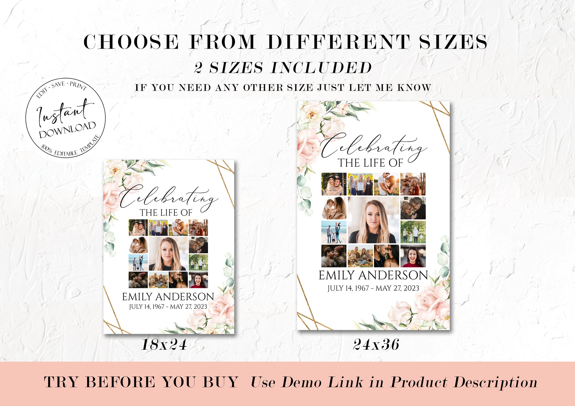 Celebration Of Life Funeral Poster, Blush Pink Roses Collage Funeral Welcome Sign, Photo Memorial Sign, Blush Pink Roses Funeral Photo Display Set P4