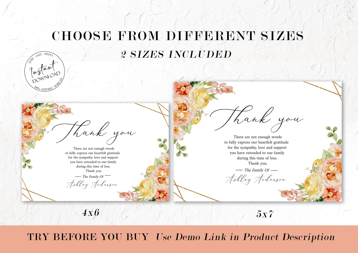 Celebration of life Elegant Yellow Pink Floral Funeral Thank You Card Template, Printable Elegant Yellow Pink Floral Memorial Card, Editable Elegant Sympathy Cards