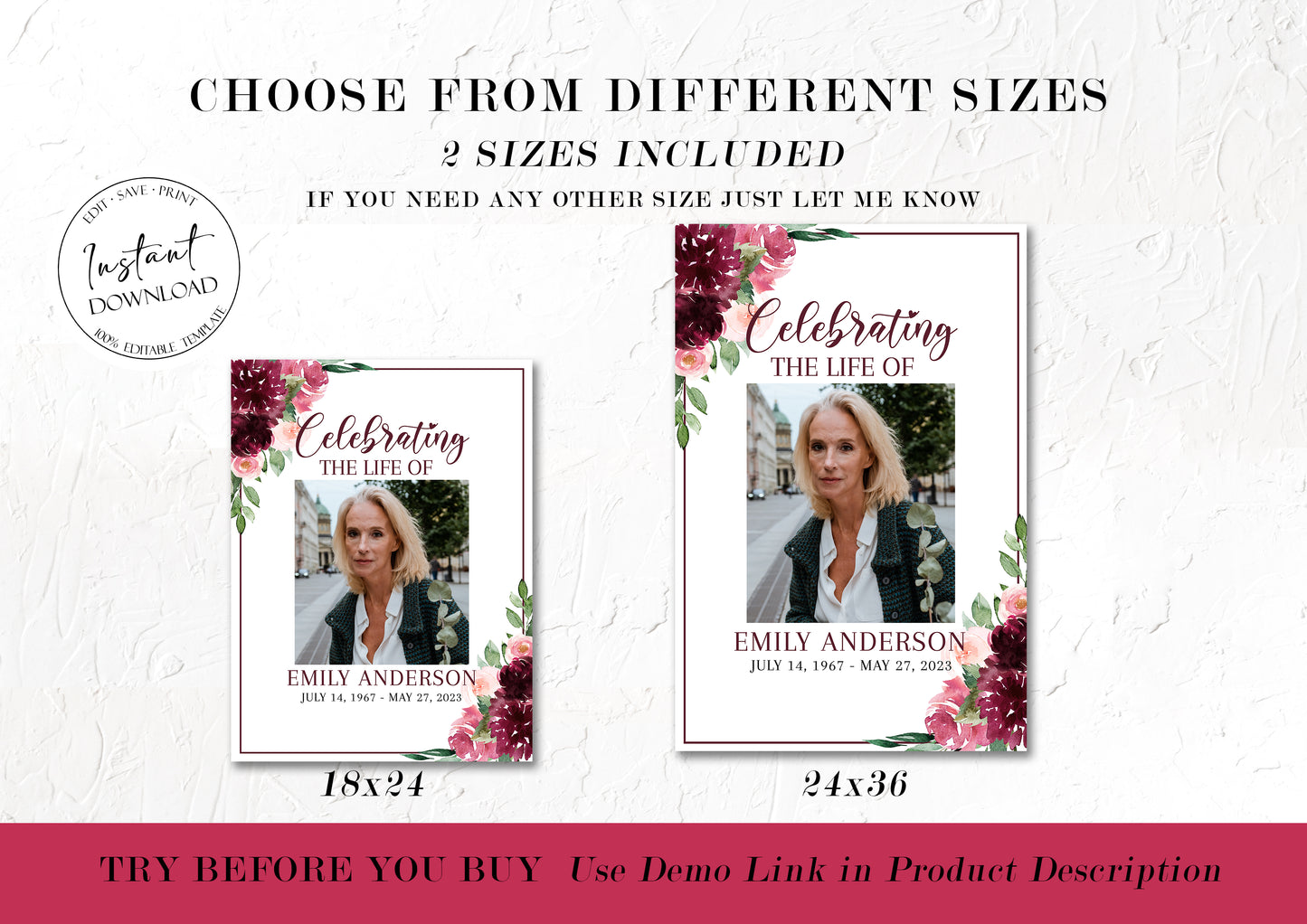 Celebration Of Life Burgundy Red Roses Photo Collage Funeral Welcome Sign Set Templates, Photo Memorial Sign, Burgundy Funeral Poster Photo Display Set R3