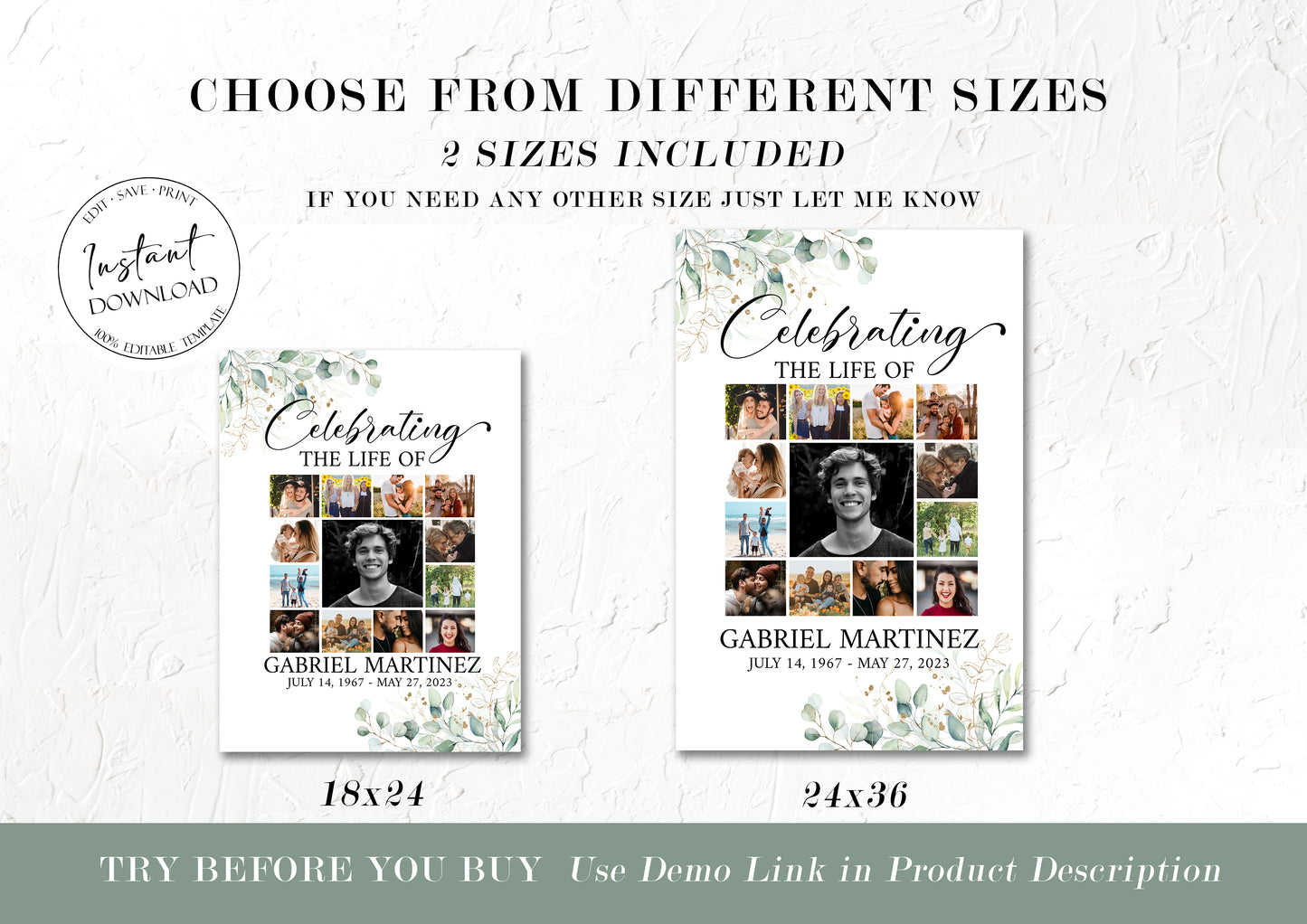Editable Celebration Of Life Watercolor Greenery Gold Photo Collage Funeral Welcome Sign Templates, Greenery Photo Memorial Sign, Funeral Photo Display Set G1
