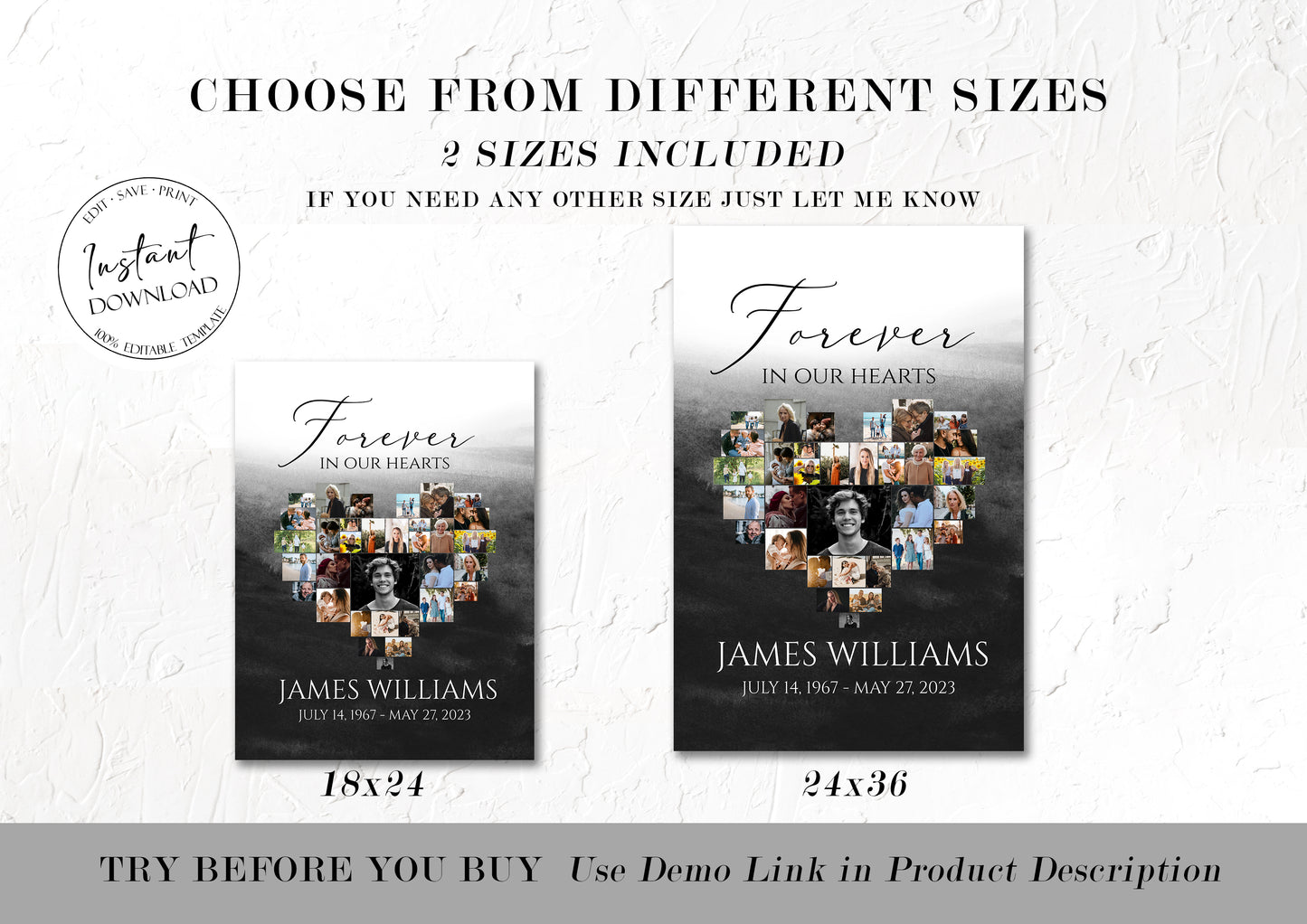 Forever in our Hearts Black Watercolor Heart Photo Collage Funeral Welcome Sign Set Template, Forever in our Hearts Memorial Photo Display Set B6