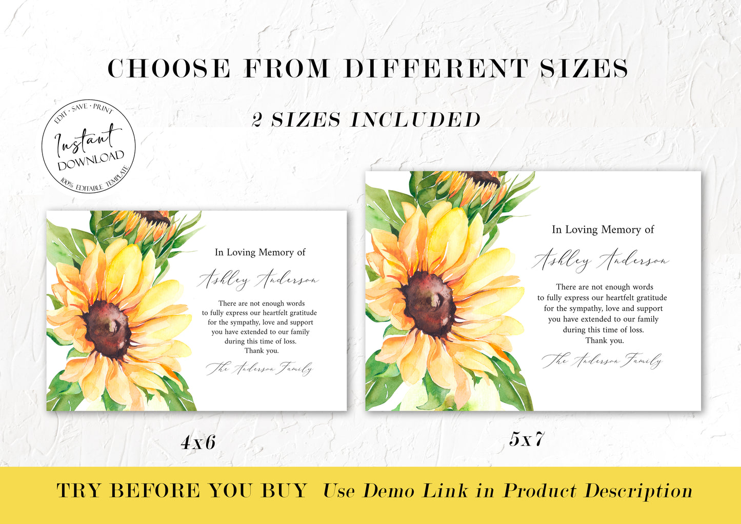 Celebration of life Sunflower Funeral Thank you Card Template , Editable Sunflower In Loving Memory Of Card, Sympathy Thank you Card, Printable Sunflower Memorial Thank You Card