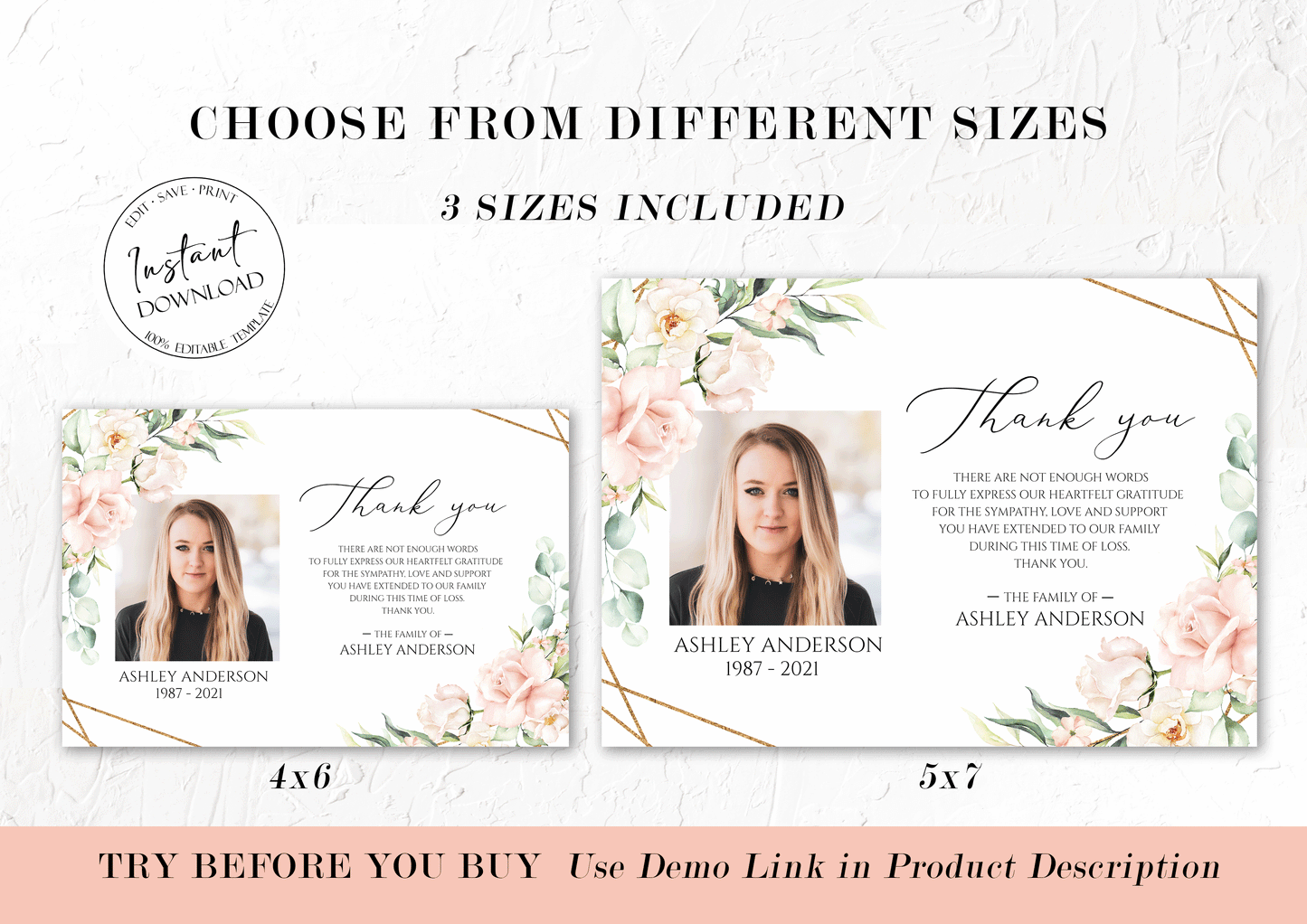 Celebration of life Blush Pink Roses Funeral Photo Thank You Card Template P4