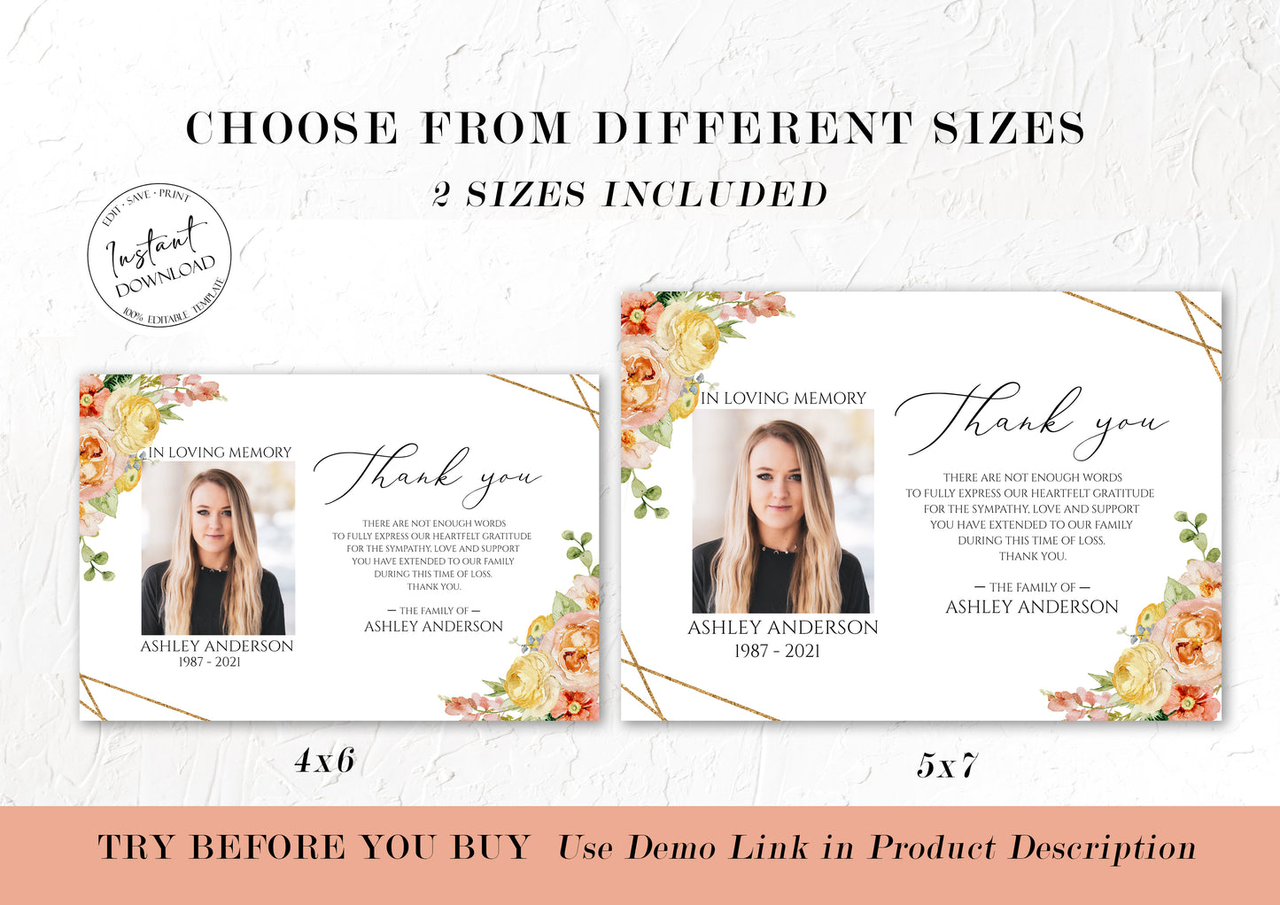 Celebration of life Elegant Yellow Pink Floral Funeral Photo Thank You Card Template, Printable Elegant Yellow Pink Floral Memorial Card, Editable Elegant Sympathy Cards
