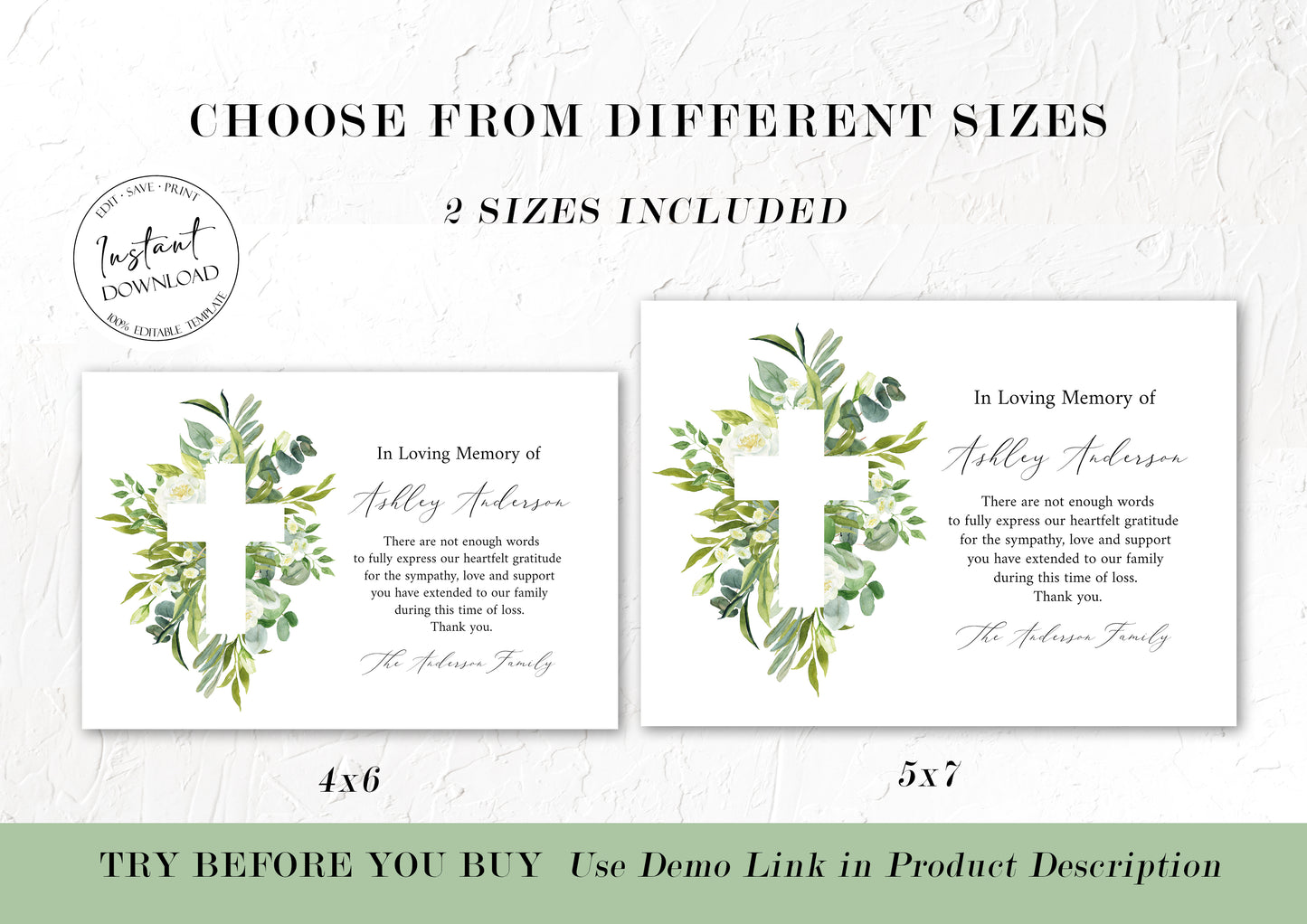 In Loving Memory Of Watercolor Greenery Cross Funeral Thank You Card Template, Printable Watercolor Greenery Cross Memorial Card, Editable Sympathy Card