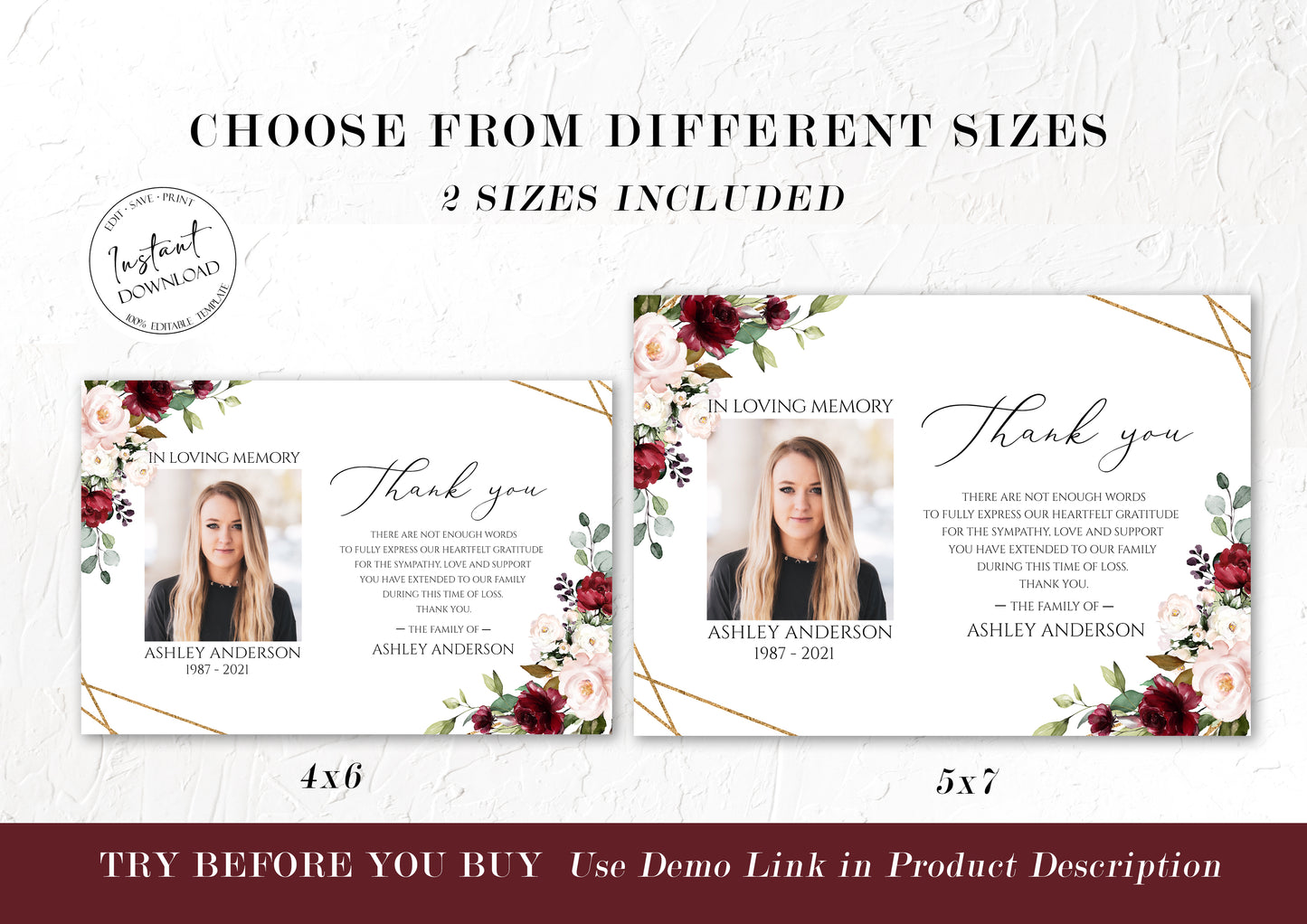 Red Roses Funeral Thank You Celebration of life Funeral Photo Thank You Red Roses Memorial Thank You Card Template Editable Sympathy Card R1