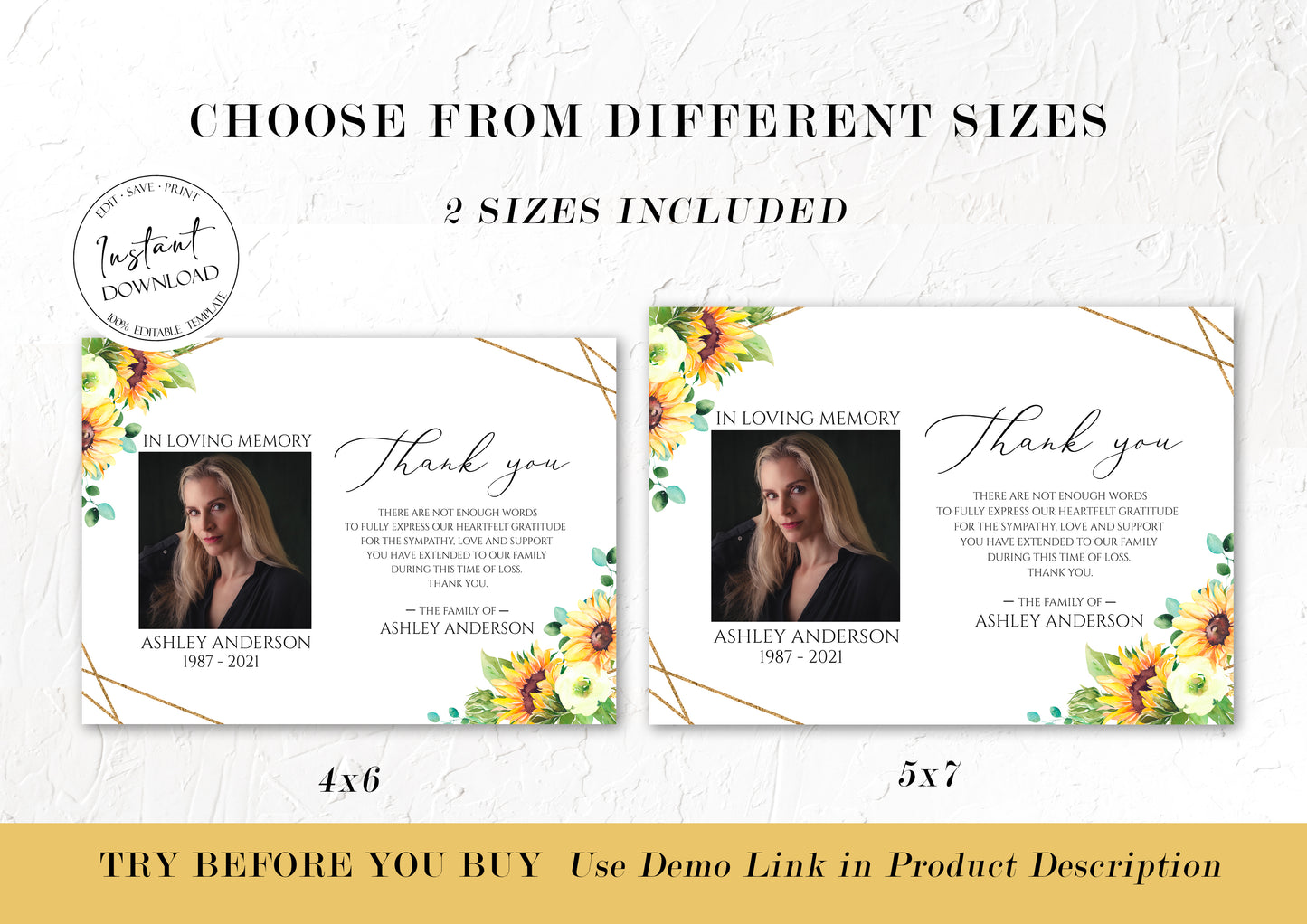 Celebration of life Sunflower Photo Funeral Thank you Card Template, Editable Sunflower Sympathy Thank you Card, Printable Memorial Thank You Card Template