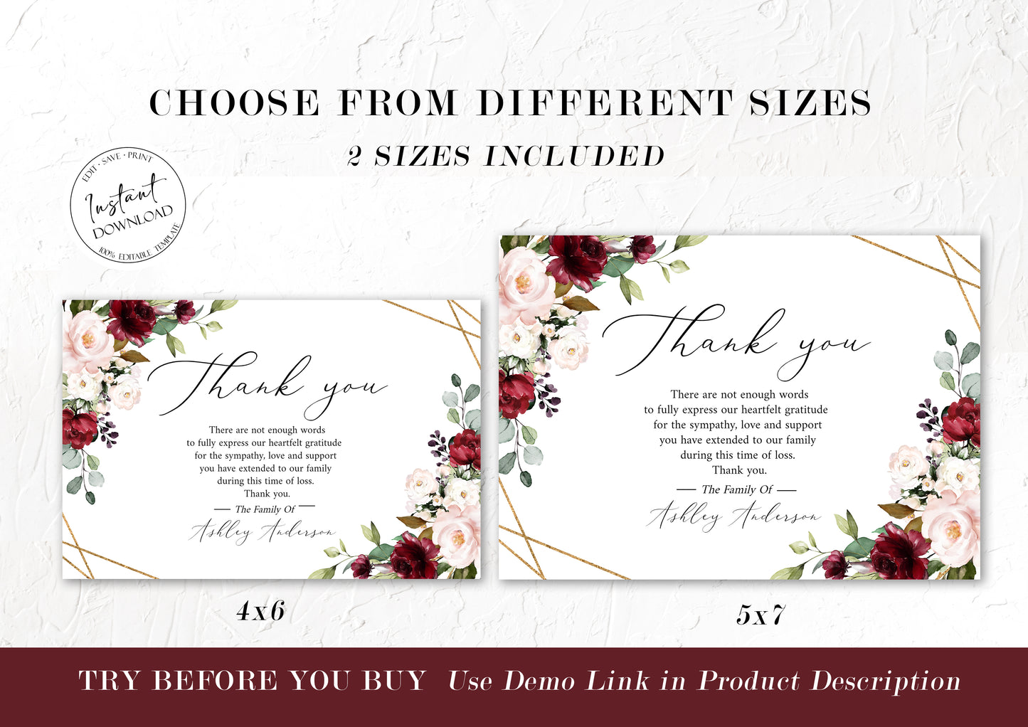 Celebration of life Red Roses Funeral Thank You Card Template R1