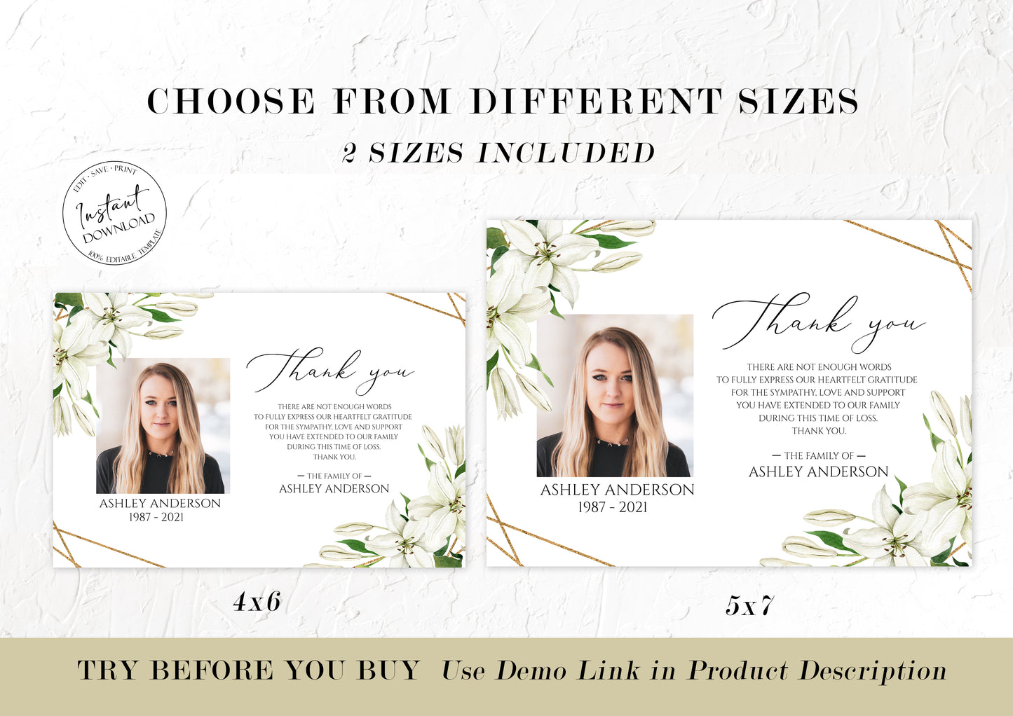 Celebration of life White Lilies Greenery Gold Photo Funeral Thank you Card Template, Printable White Lilies Memorial Thank You Card Template Editable Sympathy Card