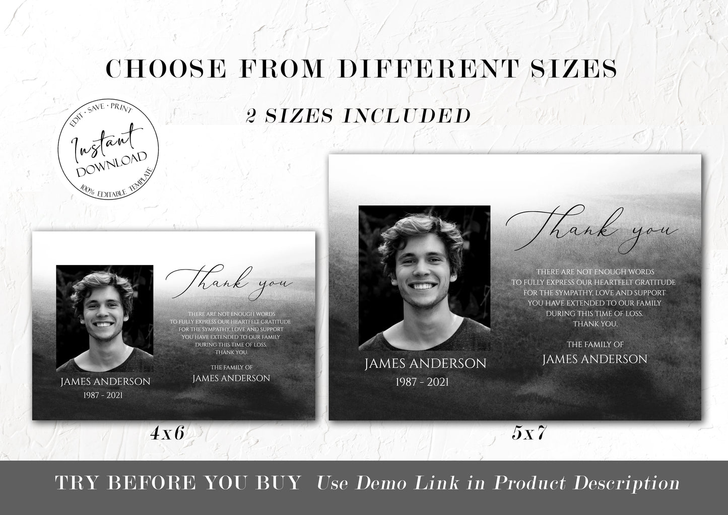 Celebration of life Black Watercolor Funeral Photo Thank You Card Template, Memorial Card, Printable Black Funeral Thank You Card Template Black Sympathy Card