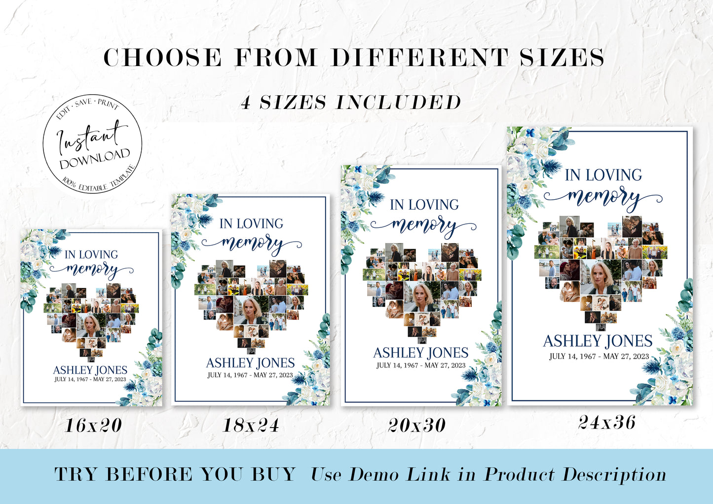 Celebration Of Life Heart Photos Funeral Welcome Sign, In Loving Memory Blue White Floral Heart Photo Collage Funeral Welcome Sign Template, Blue In loving Memory Sign B1