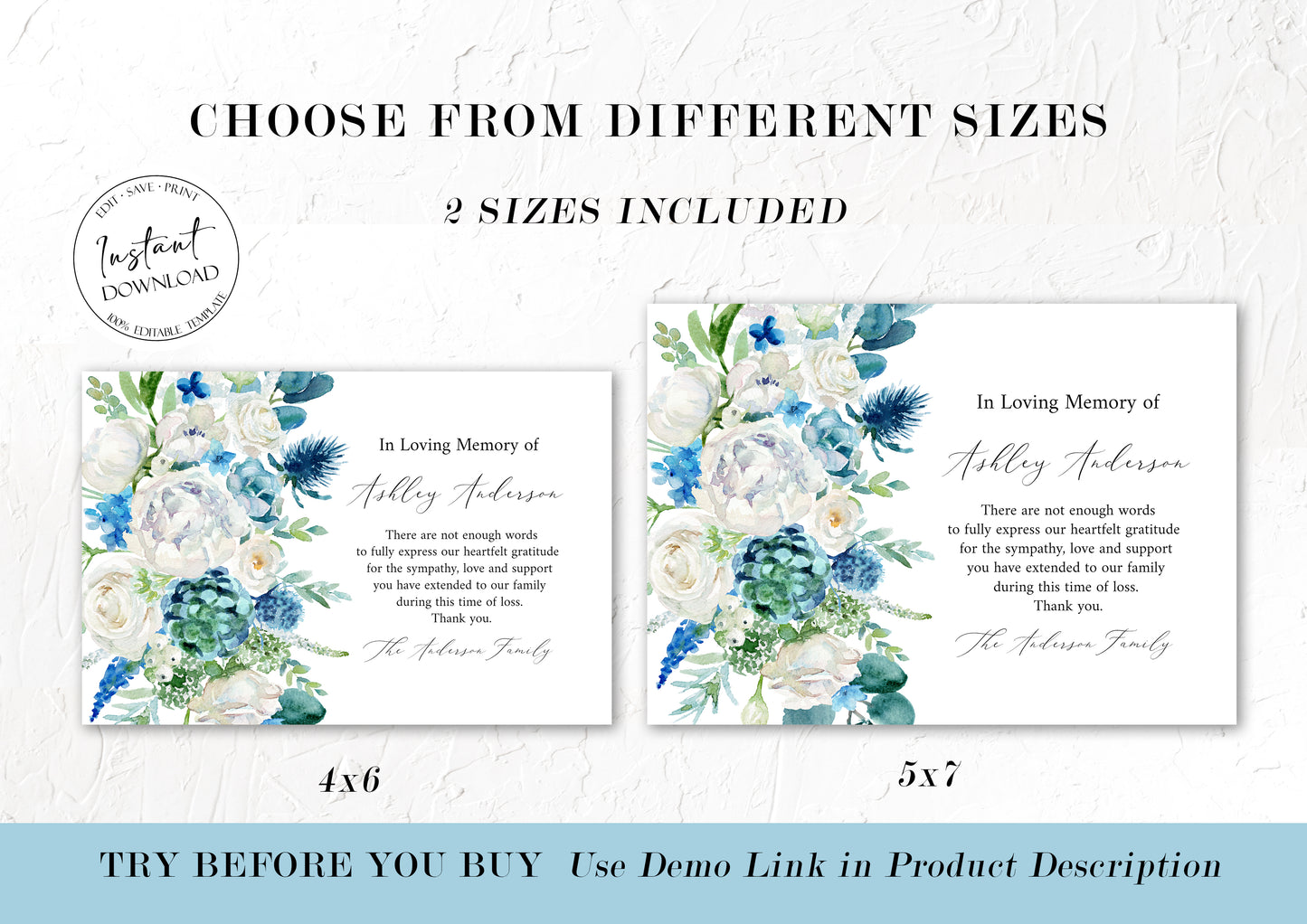 In loving memory Blue White Floral Funeral Thank You Card Template Blue Flowers Funeral Thank You, Printable Memorial Card, Editable Sympathy Card B1