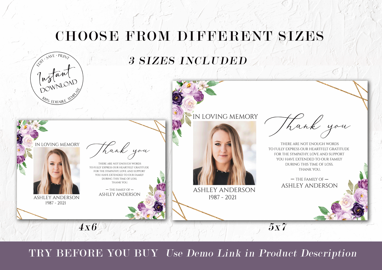 Funeral thank you, Celebration of life, Funeral Thank You Photo, Memorial Card, Printable Thank You Card Template, Editable Sympathy Card Celebration of life Purple Floral Funeral Photo Thank You Card Template P1