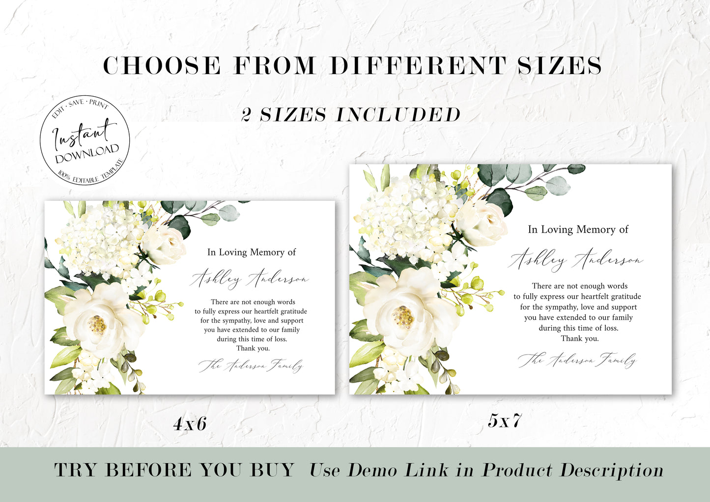 In Loving Memory White Greenery Floral Gold Cross Funeral Thank you Card Template W3