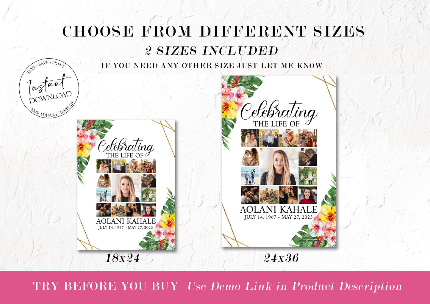 Celebration Of Life Tropical Hawaiian Plumeria Photo Collage Funeral Welcome Sign Template, Photo Memorial Sign, Pink Greenery Hawaiian Funeral Poster Photo Display Set H1