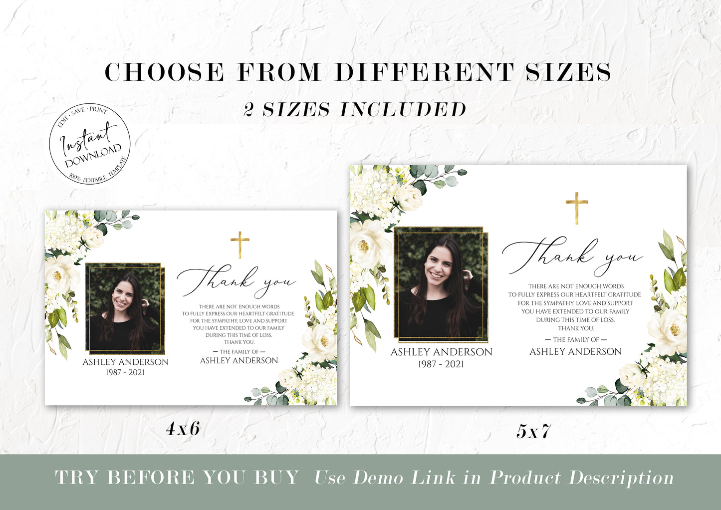 Celebration of life White Greenery Floral Gold Cross Photo Funeral Thank you Card Template, Printable Memorial Thank You Cards Sympathy Thank you Cards