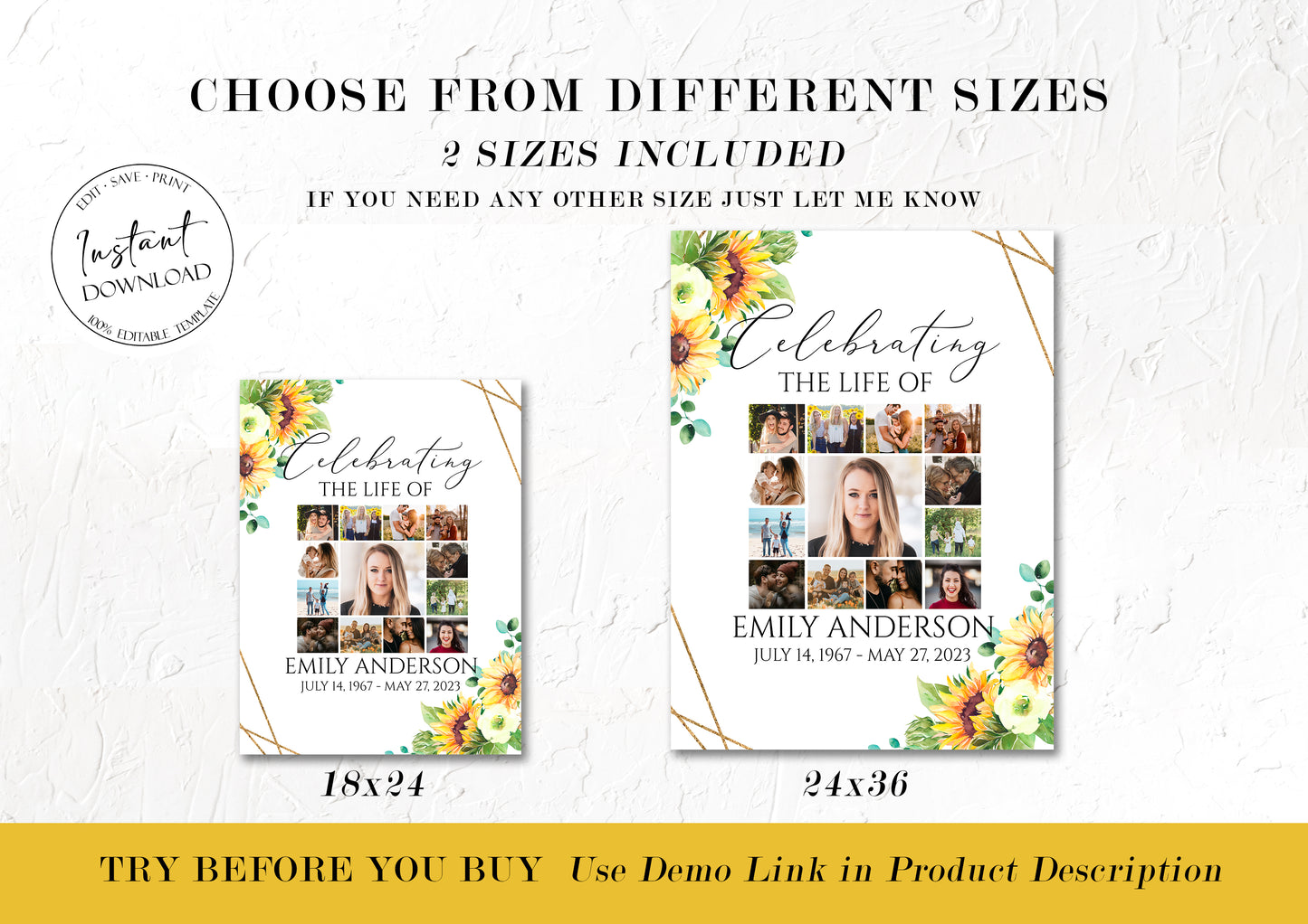 Celebration Of Life Sunflower 5 Photo Collage Funeral Welcome Sign Set Template Y1