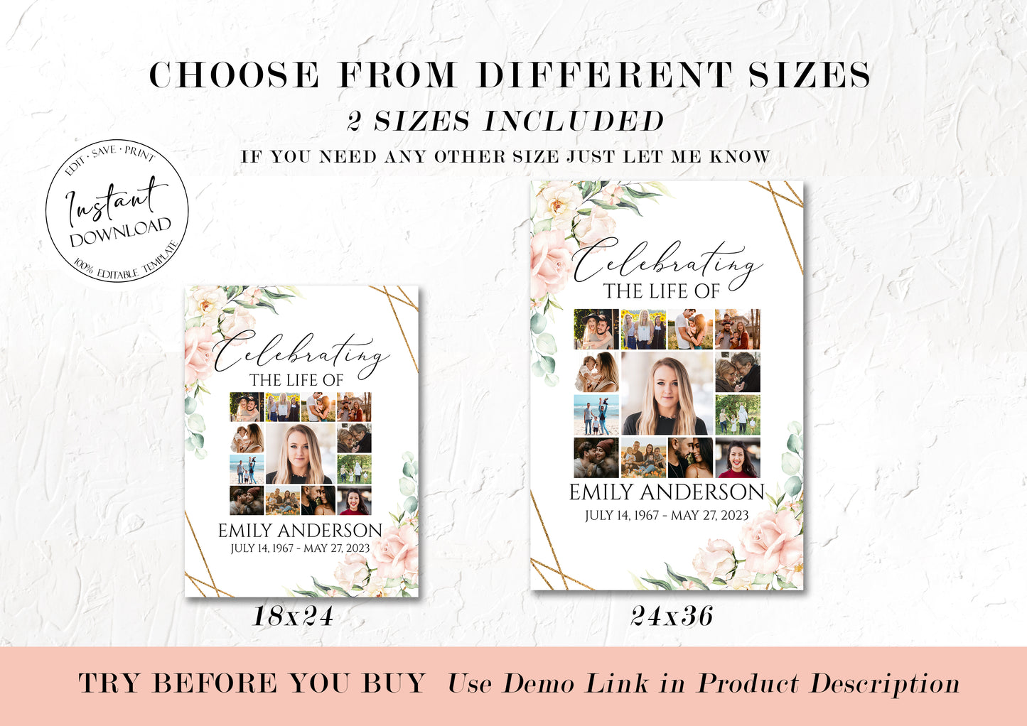 Celebration Of Life Funeral Poster, Editable Blush Pink Roses Photo Collage Funeral Sign, Memorial Sign, Funeral Poster Photo Display Set P4