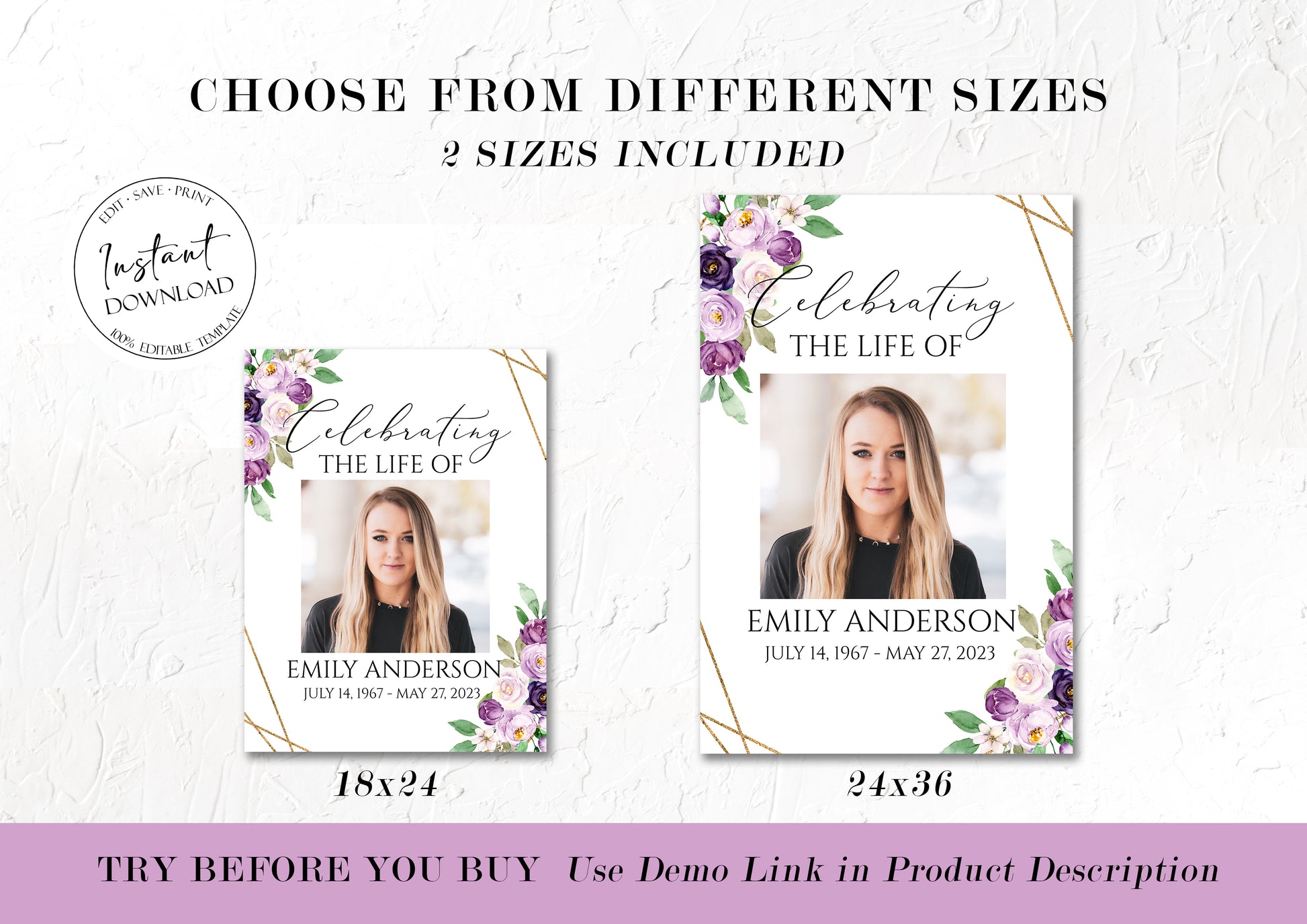 Celebration Of Life Purple Floral Funeral Gold 5 Photo Collage Funeral Welcome Sign Set, Photo Memorial Sign, Funeral Photo Display Set P1
