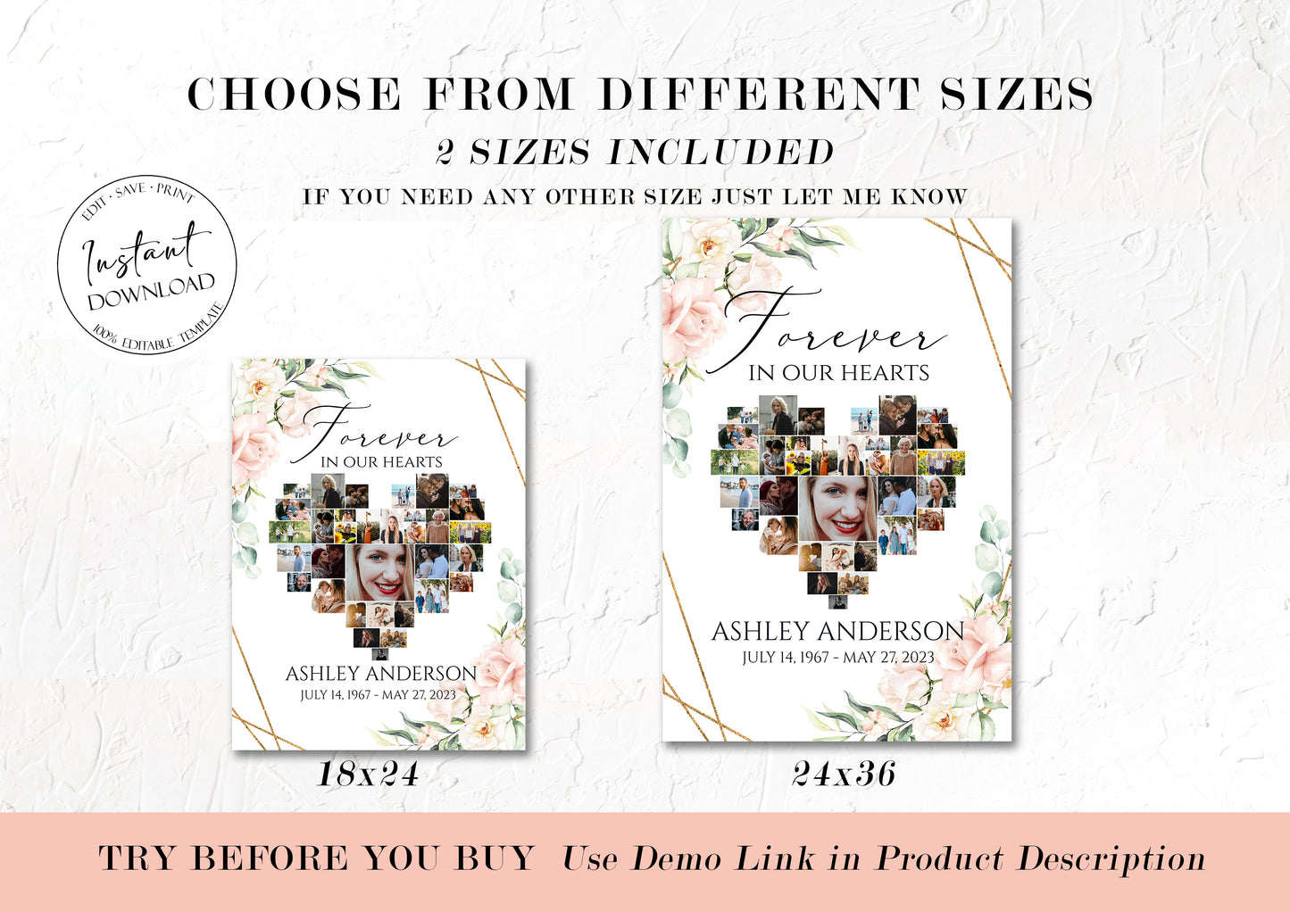 Celebration Of Life Funeral Poster, Blush Pink Roses Heart Photo Collage Funeral Sign, Forever in our Hearts Memorial Photo Display Set P4